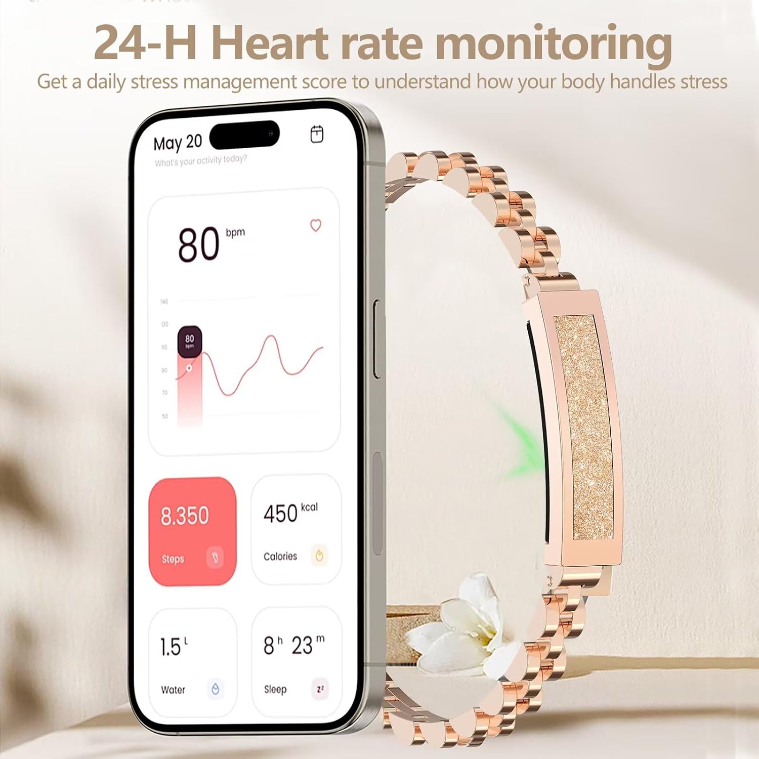 Fitness-Armband Damen, elegant, Smart-Armband, schmal, Schrittzähler, Damenschmuck, Roségold, Silber, Armreif, Fitness-Tracker ohne App und Handy, Schlaf-Tracker, Herzfrequenzmesser, Fitness-Armband – Bild 3
