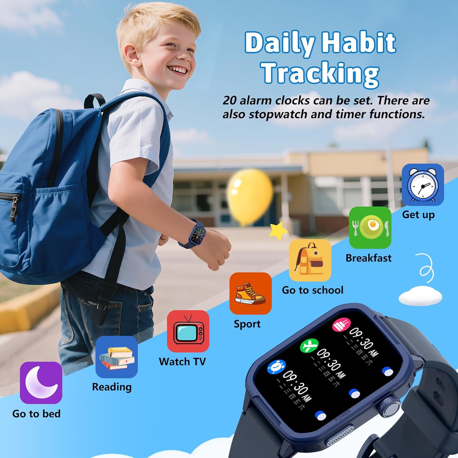 Smartwatch Kinder Fitness Tracker Uhr Digitale Fitnessuhr mit Schrittzähler, 24/7 Puls, IP68 Wasserdicht, Schlafmonitor, Wecker, Geschenk für Kinder Mädchen Jungen 6-16 (Blau) – Bild 6
