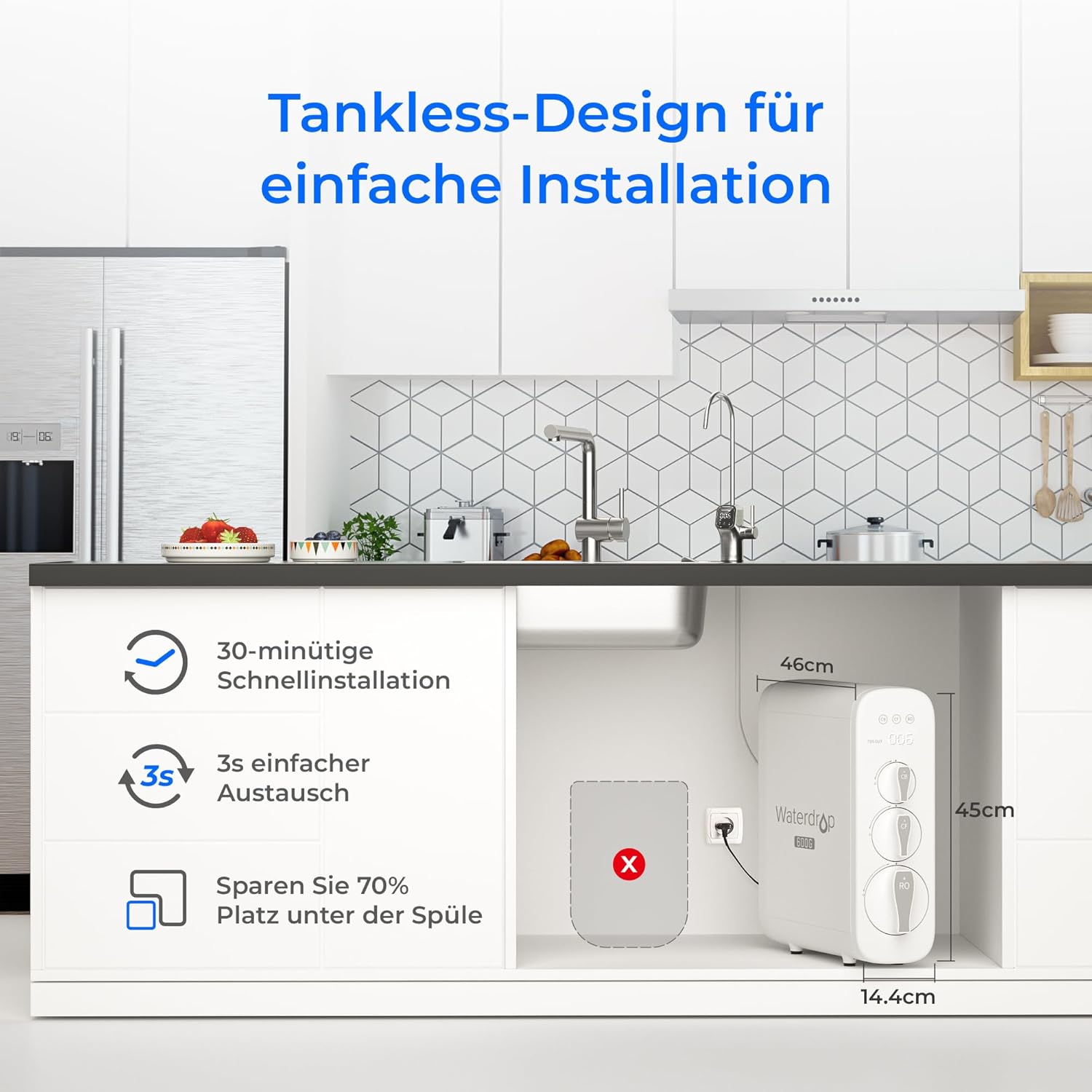 Waterdrop G3P600 Umkehrosmosesystem, 600 GPD, 8000 Liter, Entkalkungssystem, RO-System unter der Spüle, reduziert TDS, 2:1 rein für den Abfluss, intelligenter LED-Wasserhahn – Bild 5