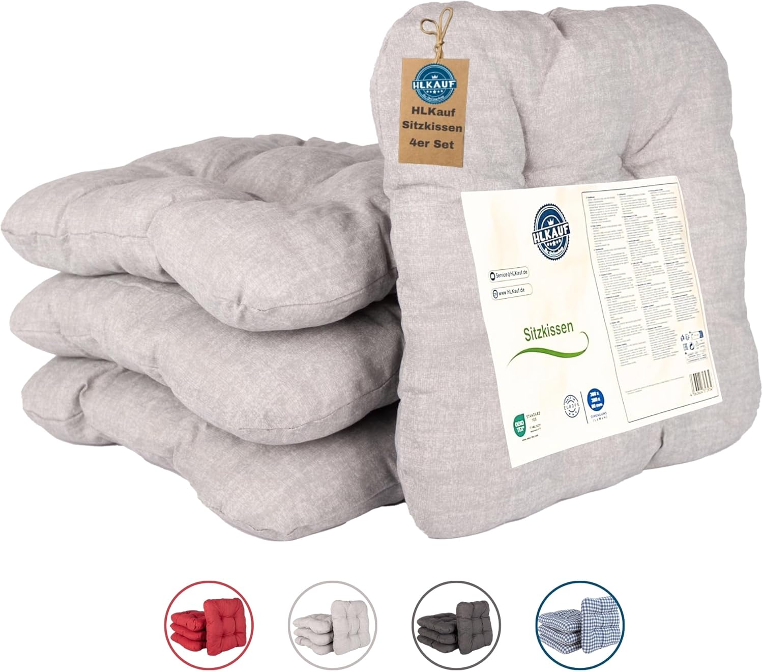 HLKauf 4er-Set graue Sitzkissen, 36 x 36 x 6 cm, weiche Kissen, für Garten, Camping, Gastronomie oder Bistro, Öko-Tex und hergestellt in der EU – Bild 2