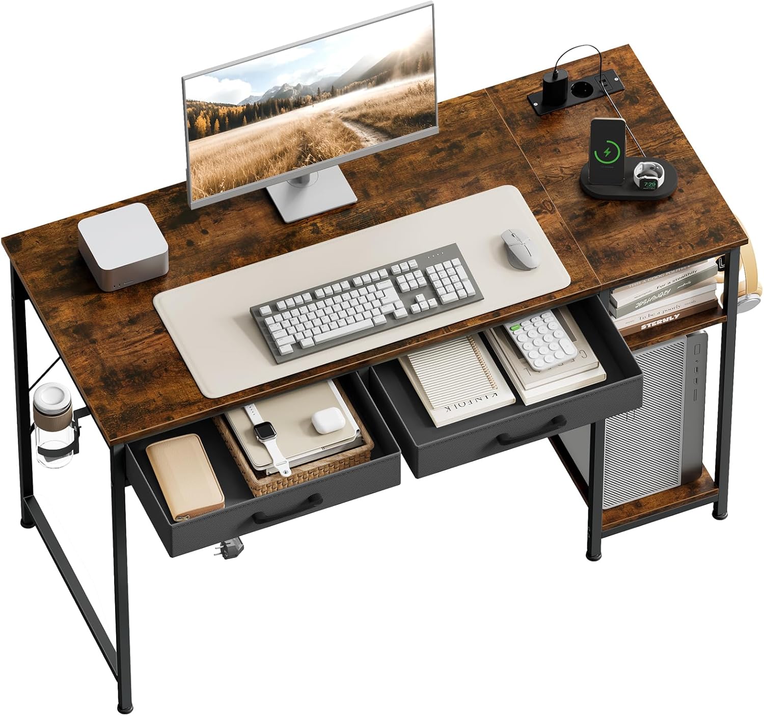 WOLTU Schreibtisch mit 2 Schubladen, 2 Steckdosen, USB- und Typ-C-Anschluss, Kopfhörerhaken und Ablagen – Computertisch für Büro und Wohnzimmer, 120 x 51 x 75 cm, Rustikales Braun