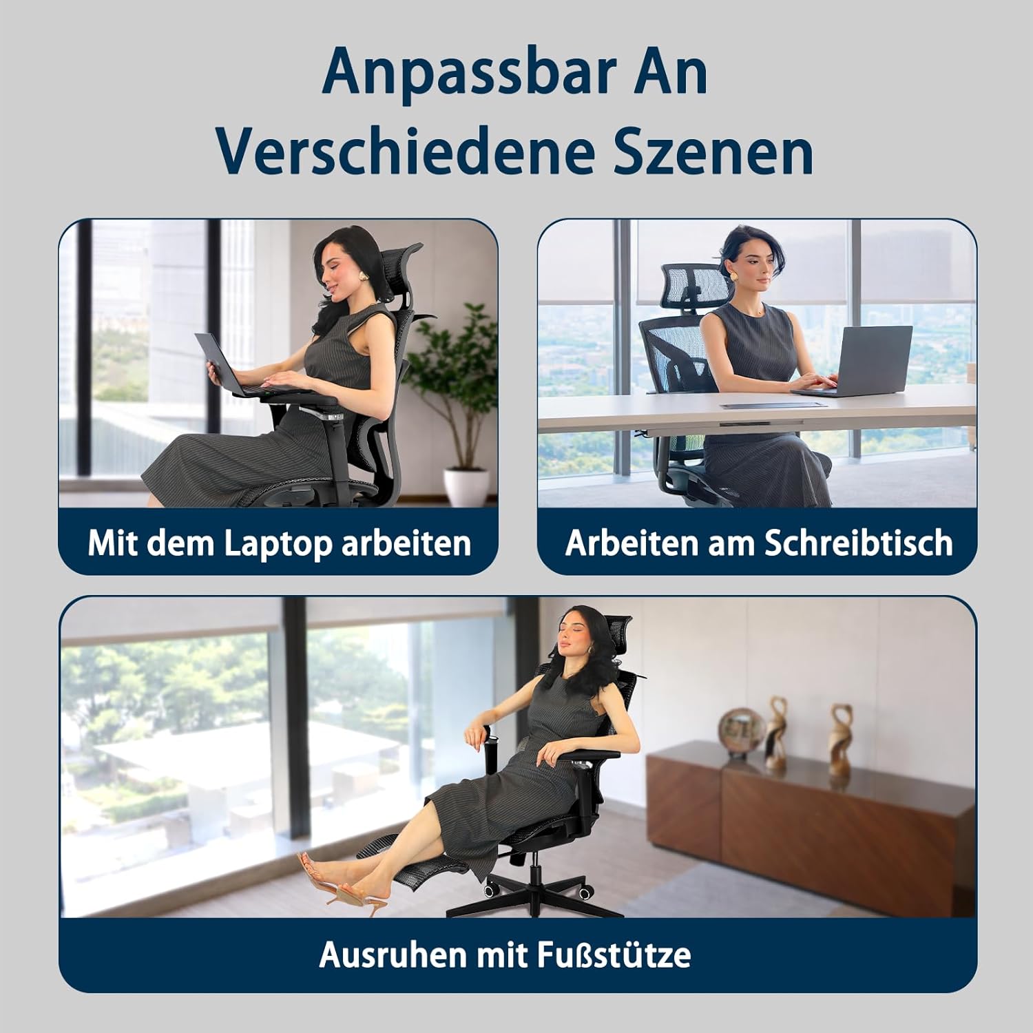 Ergonomischer Bürostuhl, groß und schwer, mit Fußstütze, 5D-verstellbaren Armlehnen, Lordosenstütze, Netzrückenlehne, verstellbarer Sitztiefe, drehbarer Gaming-Stuhl, Schwarz – Bild 6