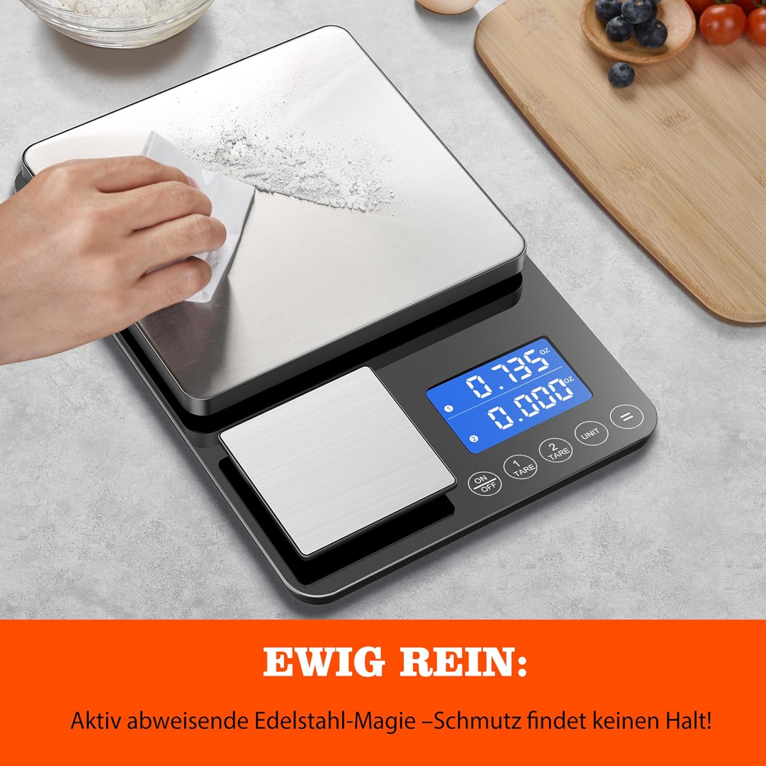 Digitale Küchenwaage mit Doppelplattform, präzise Messung von 500 g/0,01 g und 15 kg/1 g, Tara- und Summierfunktion, 7 Einheiten Lebensmittelwaage zum Kochen, Backen, für Fitness-Mahlzeiten und für den professionellen Küchengebrauch – Bild 6