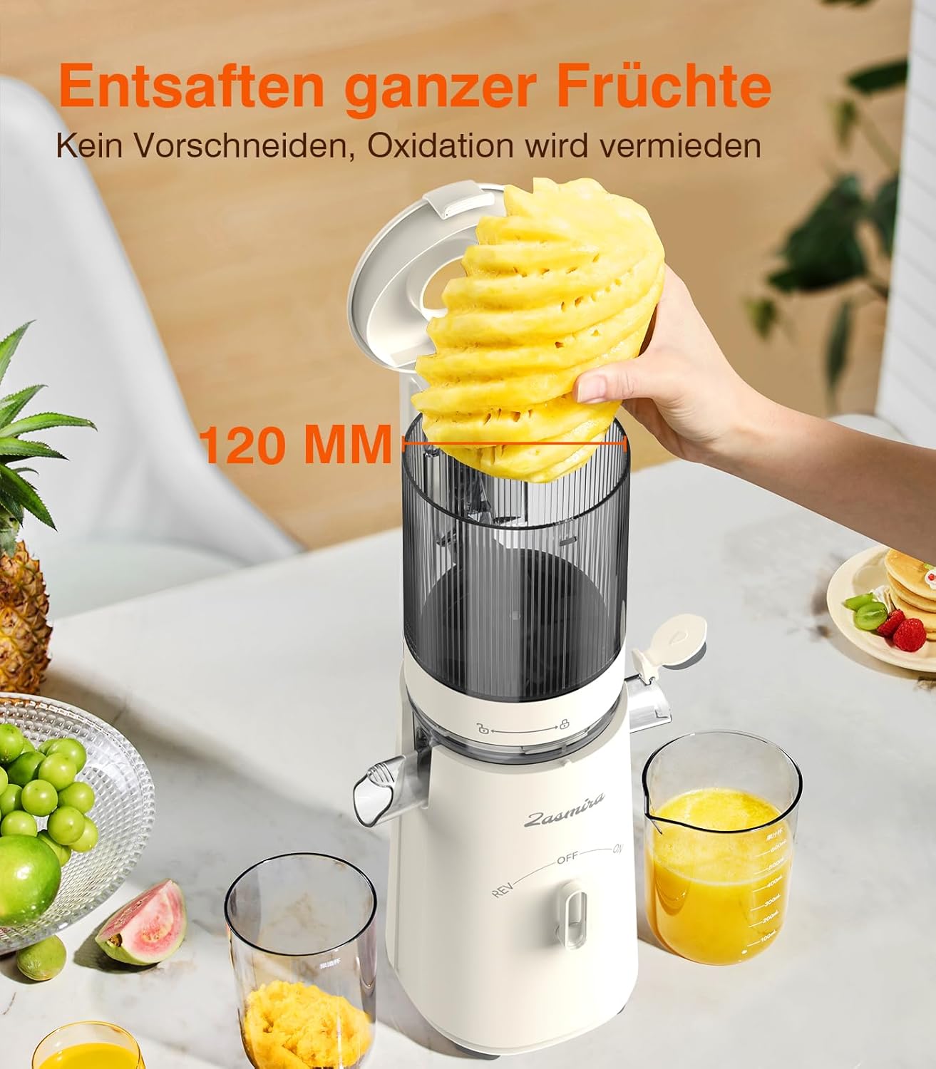 Zasmira Slow Juicer mit hohem Drehmoment und 120 mm Einfüllkanal, kein Vorschneiden, Entsafter für Gemüse und Obst, 99,6 % Saftreinheit, 1,5 l, REV-Modus, einfacher zu reinigen – Bild 2