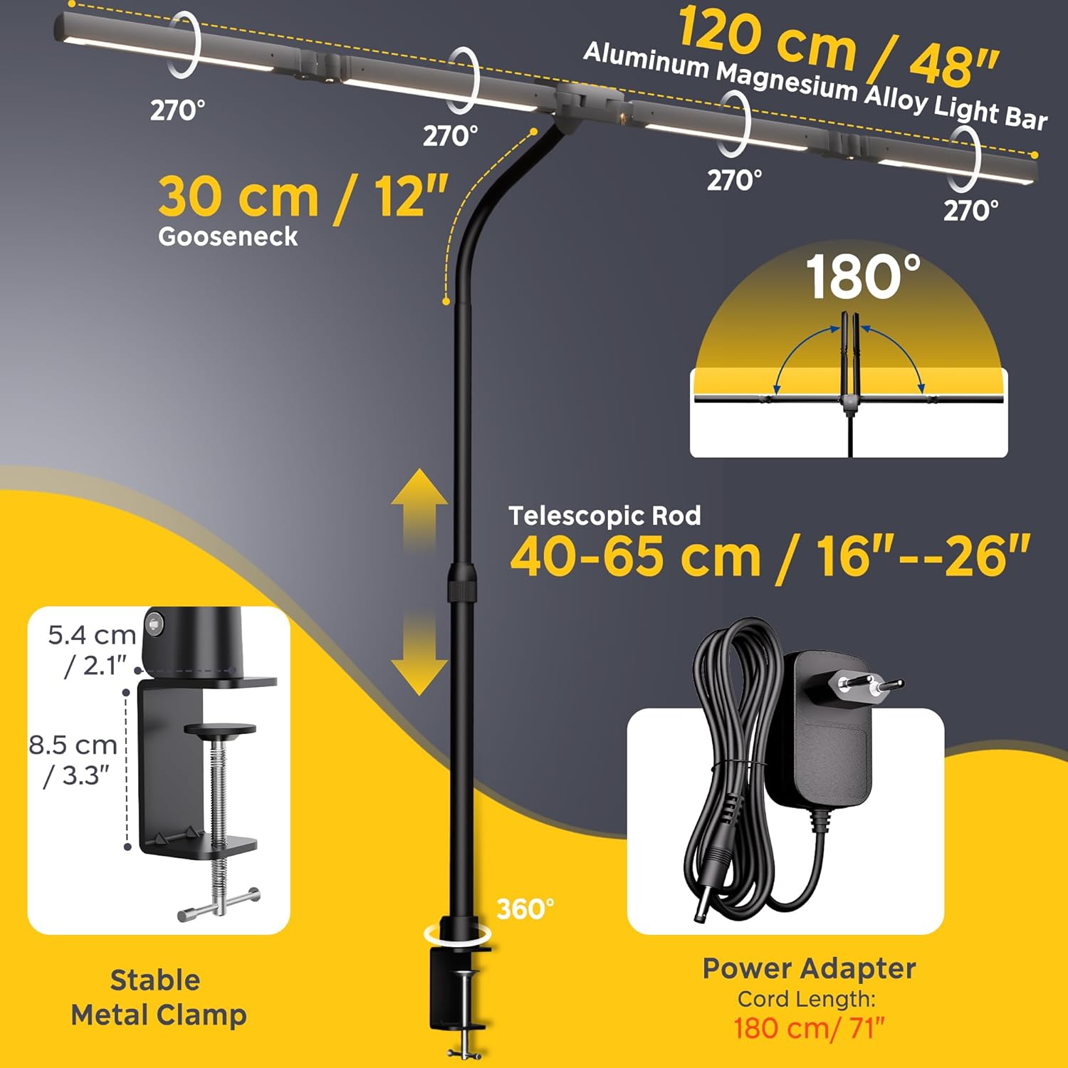 EYOCEAN Schreibtischlampe, 4 Lichtquellen, Teleskopstange mit verstellbarer Höhe, 24 W 100 cm Tageslichtlampe Schreibtisch mit Fernbedienung, dimmbare Monitorlampe, Schwanenhals-Büro-Tischlampe – Bild 7