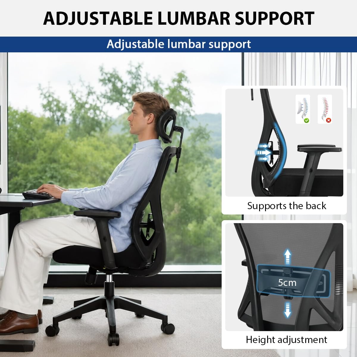 Durrafy Ergonomischer Bürostuhl mit verstellbarer Kopfstütze – Bequemer Schreibtischstuhl mit Lordosenstütze, atmungsaktiver Netzrückenlehne und Wippfunktion, Schwarz – Bild 4