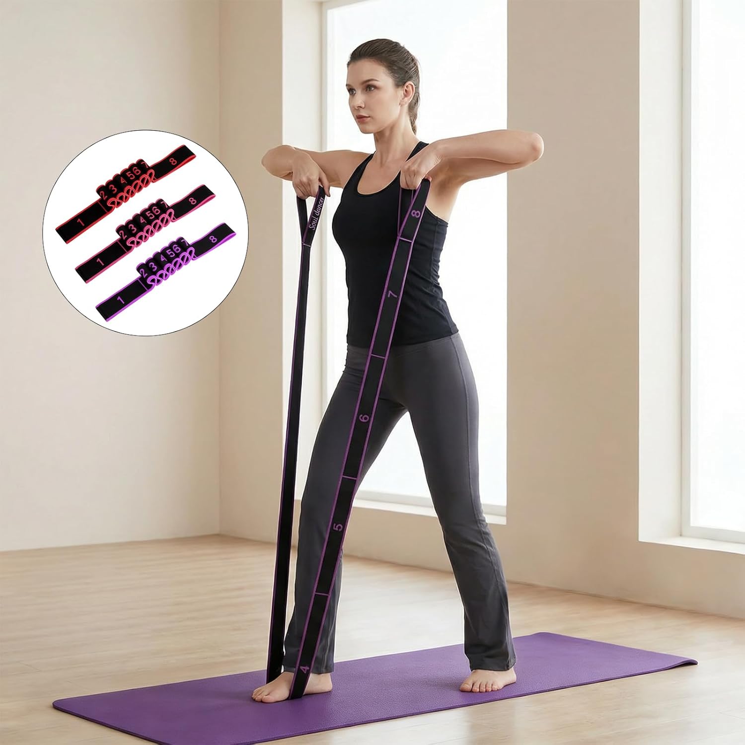 3er Pack Fitnessbänder, Yogagurt für Stretching & Widerstandstraining, elastisches Fitnessband mit 8 Schlaufen, Stretching Yogagurt in Rot, Rosa, Lila, für Pilates, Tanztraining, Gymnastik – Bild 4