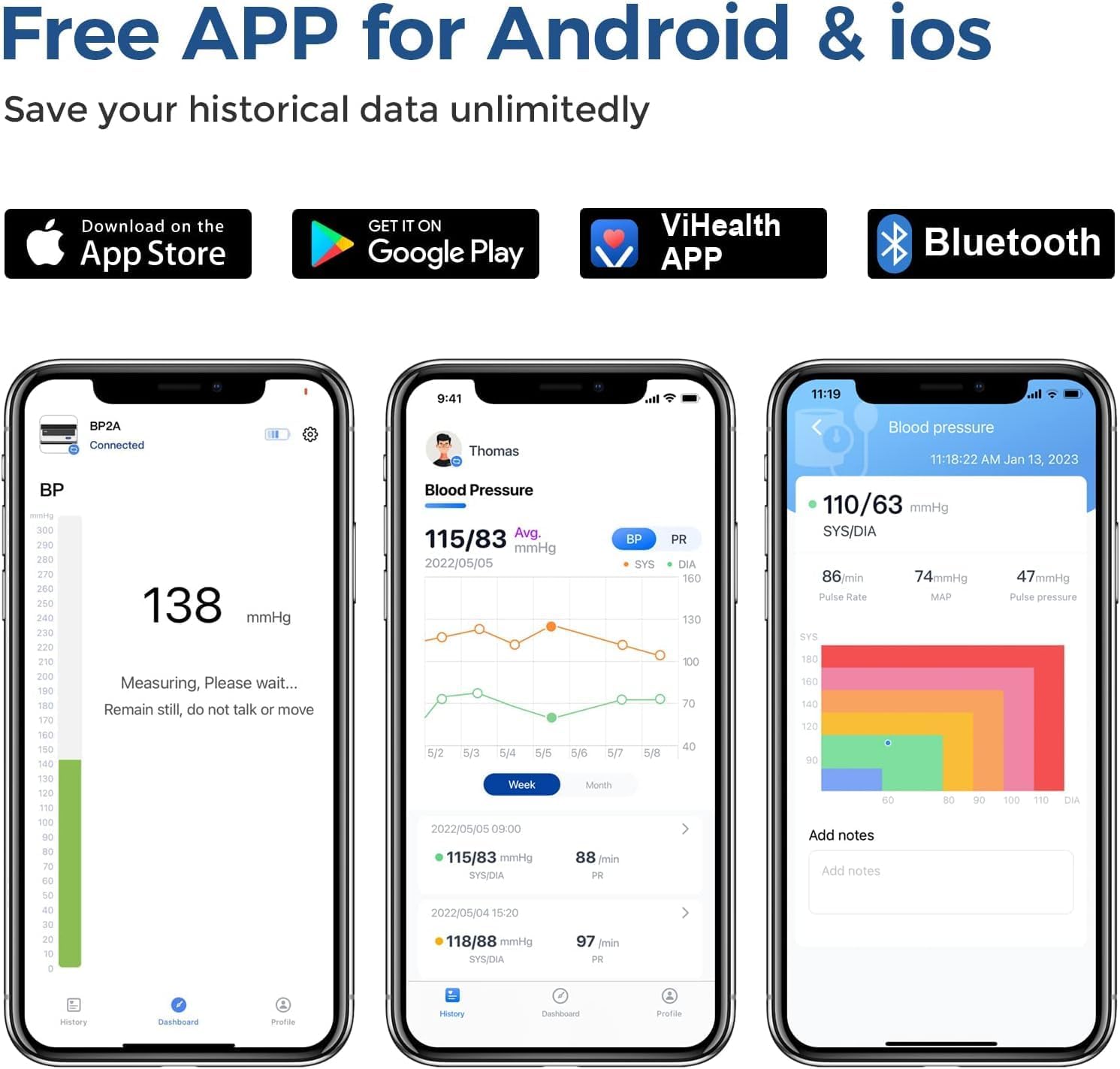 CheckMe Oberarm-Blutdruckmessgerät – Präzises digitales Blutdruckmessgerät mit App-Synchronisierung, Mehrbenutzermodus, Trendanzeige und Berichtsfreigabe, für iOS/Android, Manschette 22–42 cm – Bild 4