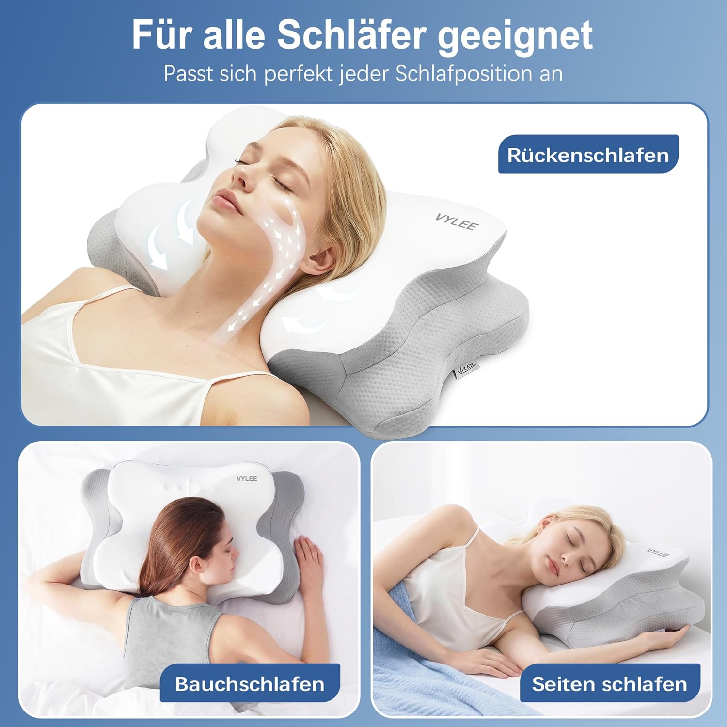 VYLEE Ergonomisches Memory-Schaum-Kissen zur Linderung von Nackenschmerzen, kühlende Unterstützung für Seiten und Rücken, Bettkissen mit atmungsaktivem Bezug, Nackenstütze (grau) – Bild 4