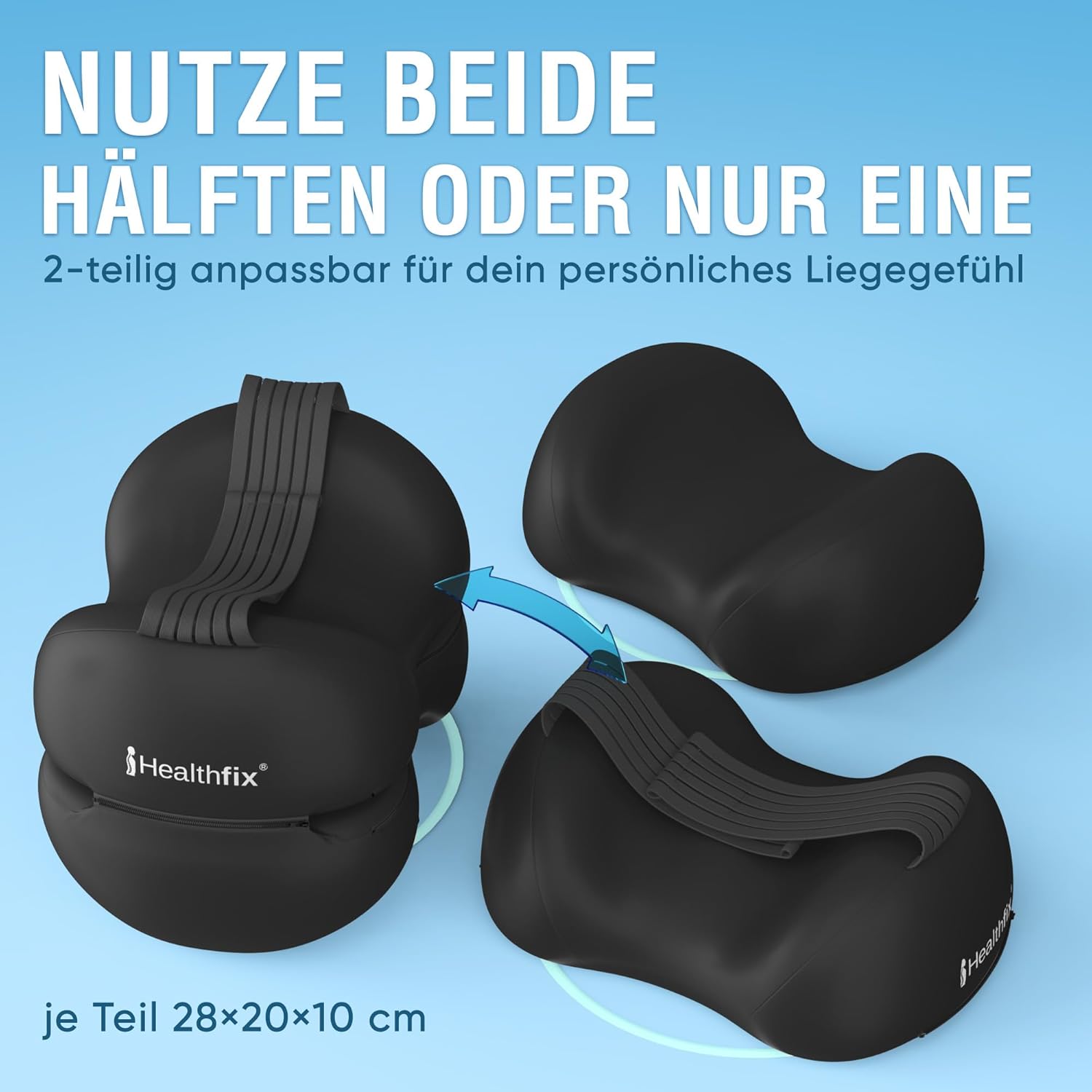 Healthfix Kniekissen für Seitenschläfer, orthopädisches Beinkissen zum Schlafen mit Gurt, 2 Stück, Memory-Schaum, kühlender, waschbarer Bezug (schwarz) – Bild 5