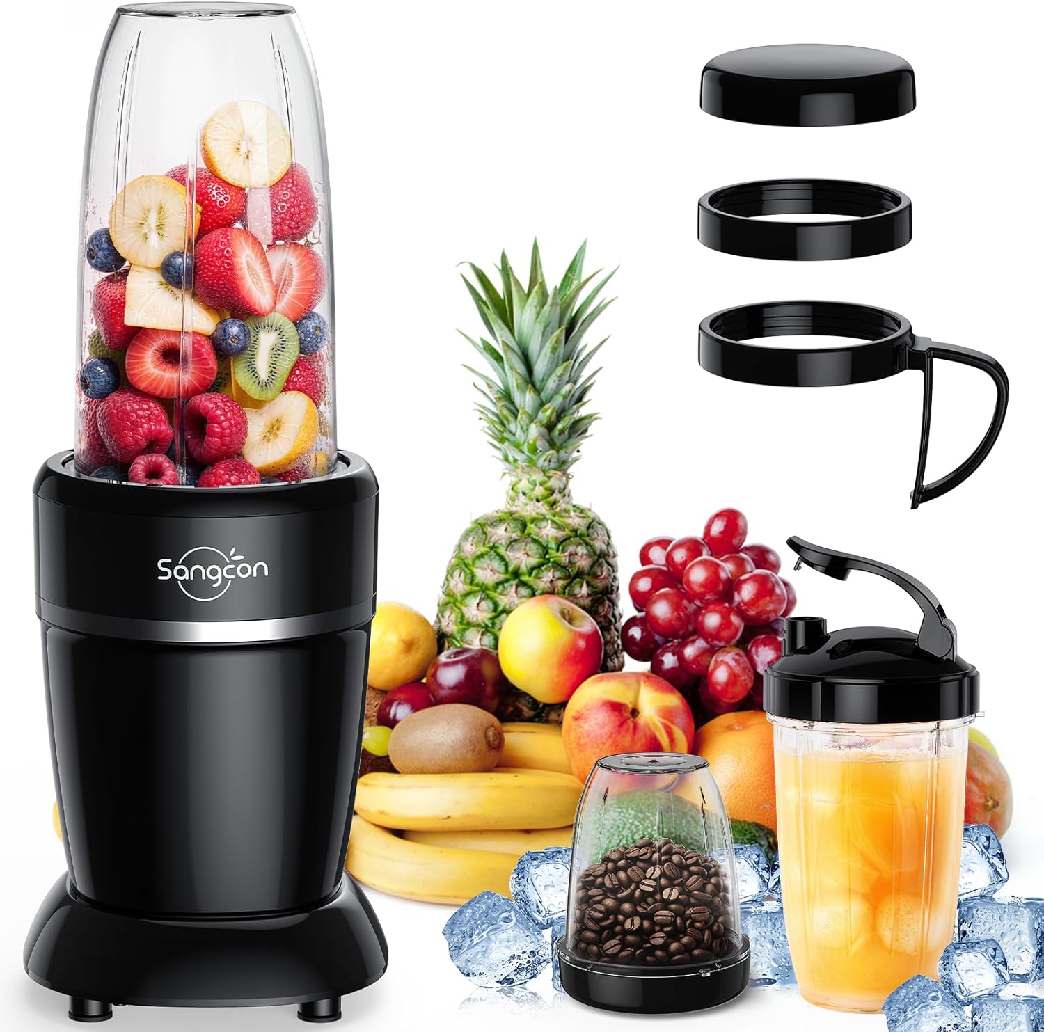 Sangcon 1000w Smoothie Blender (22000 U/Min) Mit 3 Bechern+2 Ausgussdeckeln+1 Aufbewahrungsdeckel+1 To-Go-Deckel,Tragbarer Mixer für Shakes und Smoothies,Persönlicher Smoothie Maker,Elektrischer Mixer