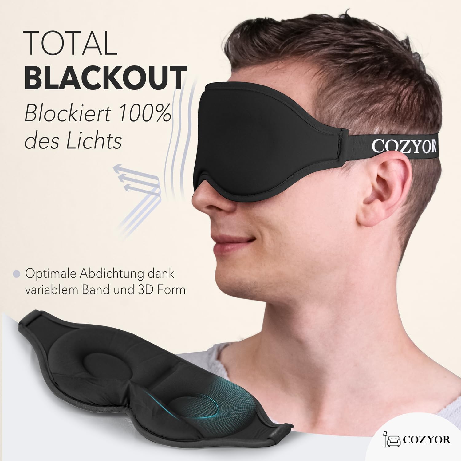 Schlafmaske mit 3D-Polsterung, 100 % dunkel, für Seitenschläfer, mit Silikon-Ohrstöpsel, Augenmaske weich für Flugzeug, Black Eclipse, Schlafmaske mit verstellbarem Gummiband für Erwachsene und Kinder – Bild 2