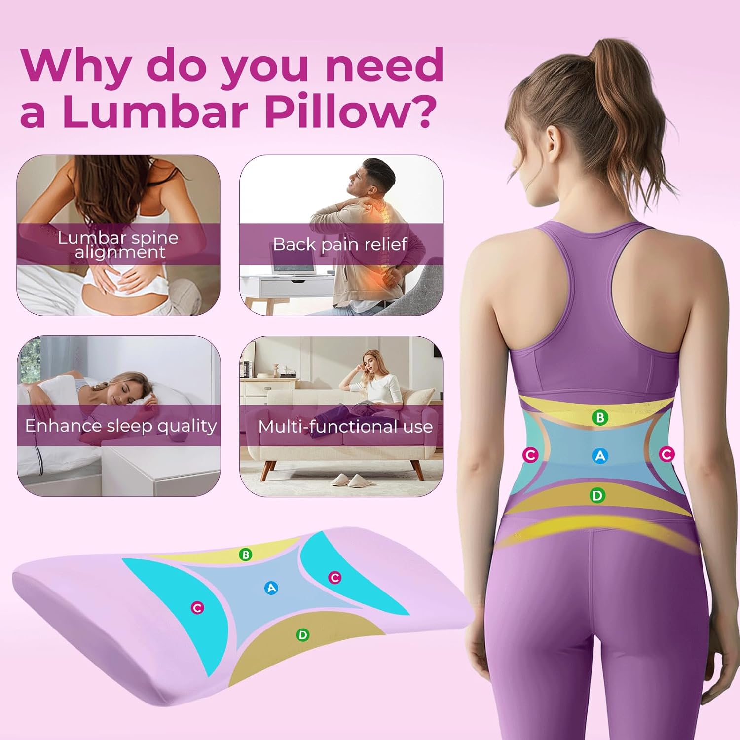 Orthopädisches Memory-Schaum-Lendenkissen, ergonomische Rücken- und Lendenwirbelstütze, Rückenstützkissen für Bett und Sofa, Rückenkissen zum Schlafen, abnehmbarer waschbarer Bezug (Pink) – Bild 5