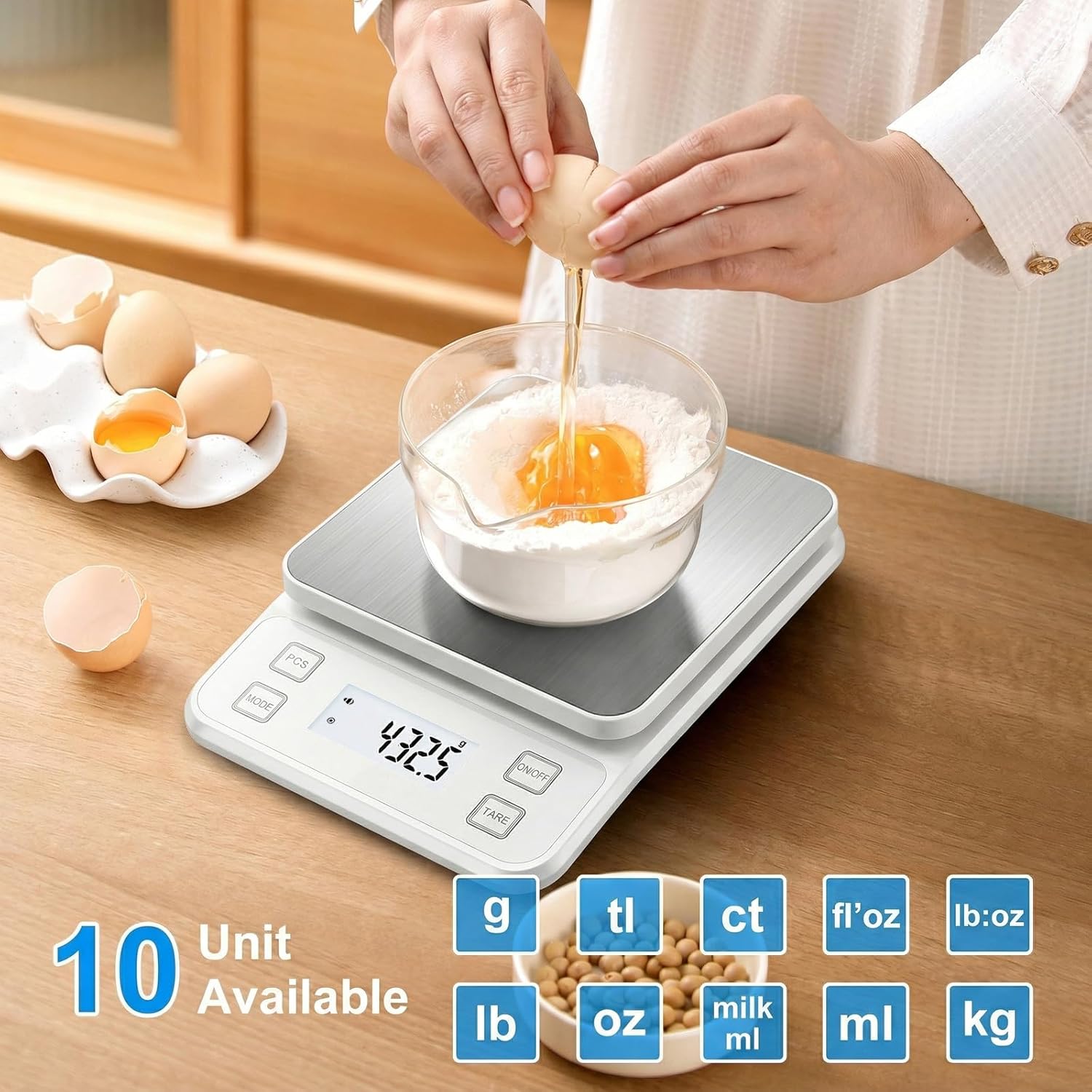 Diyife IP67 wasserdichte Küchenwaage, 0,1 g/10 kg, hochpräzise Küchenwaage, 10 Einheiten wiederaufladbar, Tara einstellbar, automatische Abschaltung, LCD-Display, Stummschaltung, Zählfunktion – Weiß – Bild 4