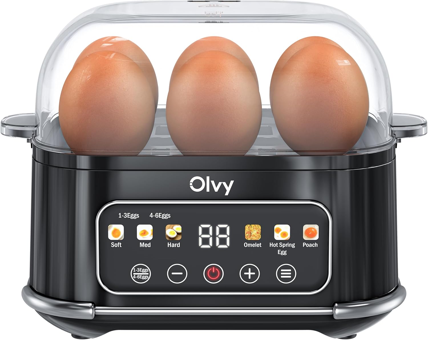 Automatischer Eierkocher von Olvy für 6 Eier – professioneller 6-in-1-Eierkocher mit LCD-Timer und Dampfgarer – ideal für Camping, mit automatischer Abschaltung und spülmaschinenfesten Teilen