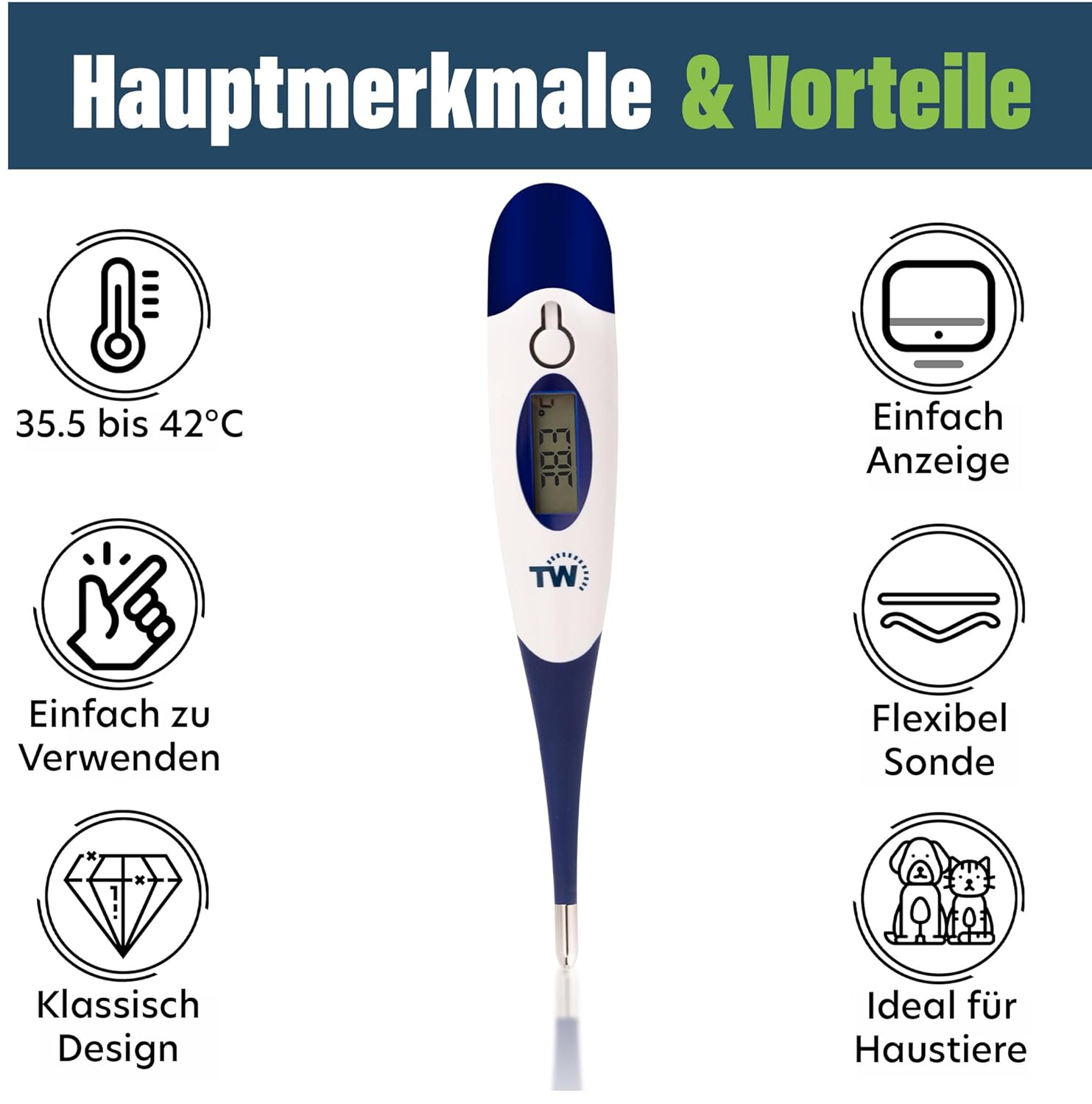 Digitales Tierhalter-Thermometer für Hunde, Katzen, Pferde, Tierärzte, flexibler Temperaturfühler, inklusive Tierarzttabelle – Bild 3