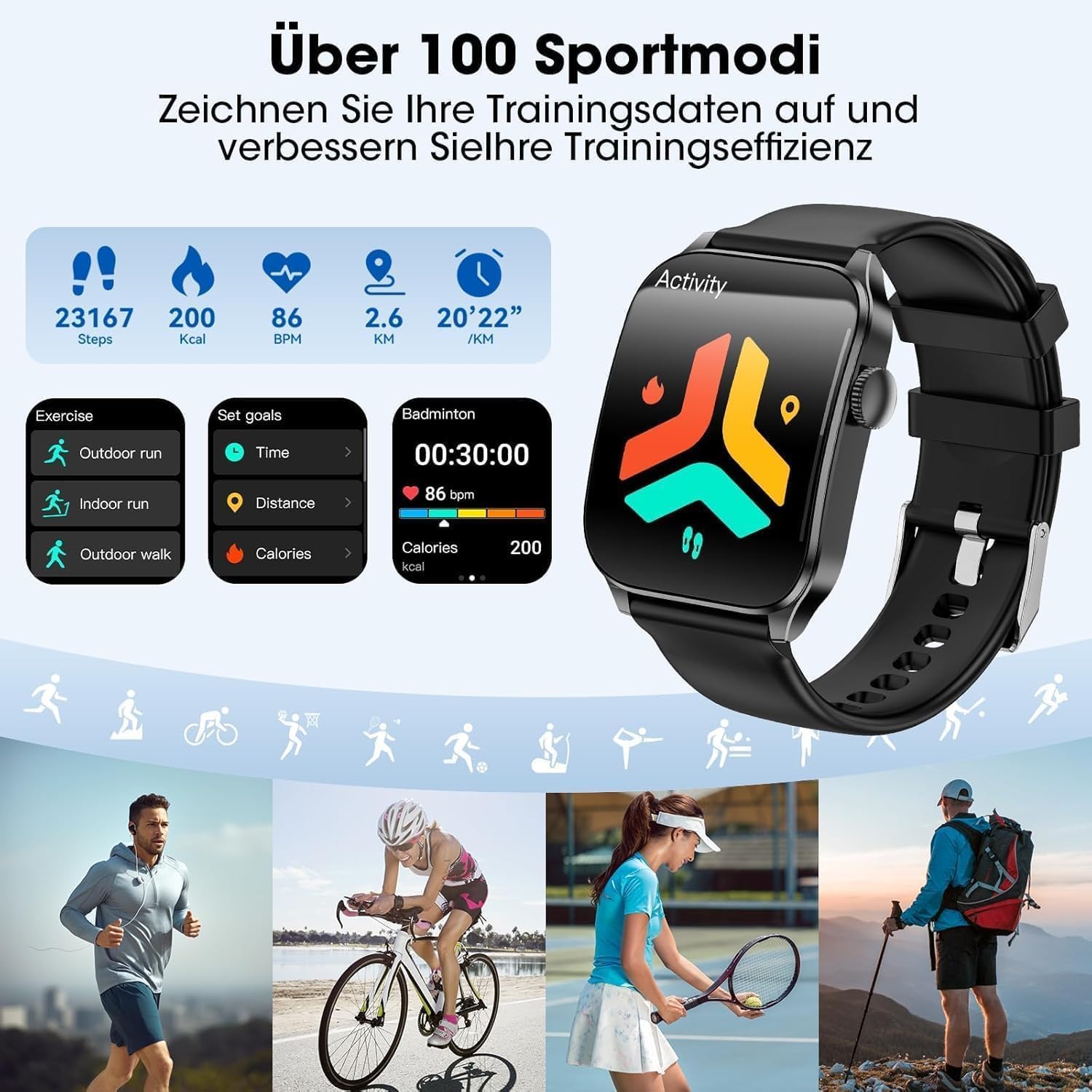 Smartwatch Herren Damen 1,91 Zoll HD Curve Display Smartwatch mit Bluetooth-Anrufen, 100+ Sportmodi, Fitnessuhr mit Herzfrequenz-/Schlafmonitor/Schrittzähler, IP67 wasserdichte Sportuhr für Android iOS – Bild 5