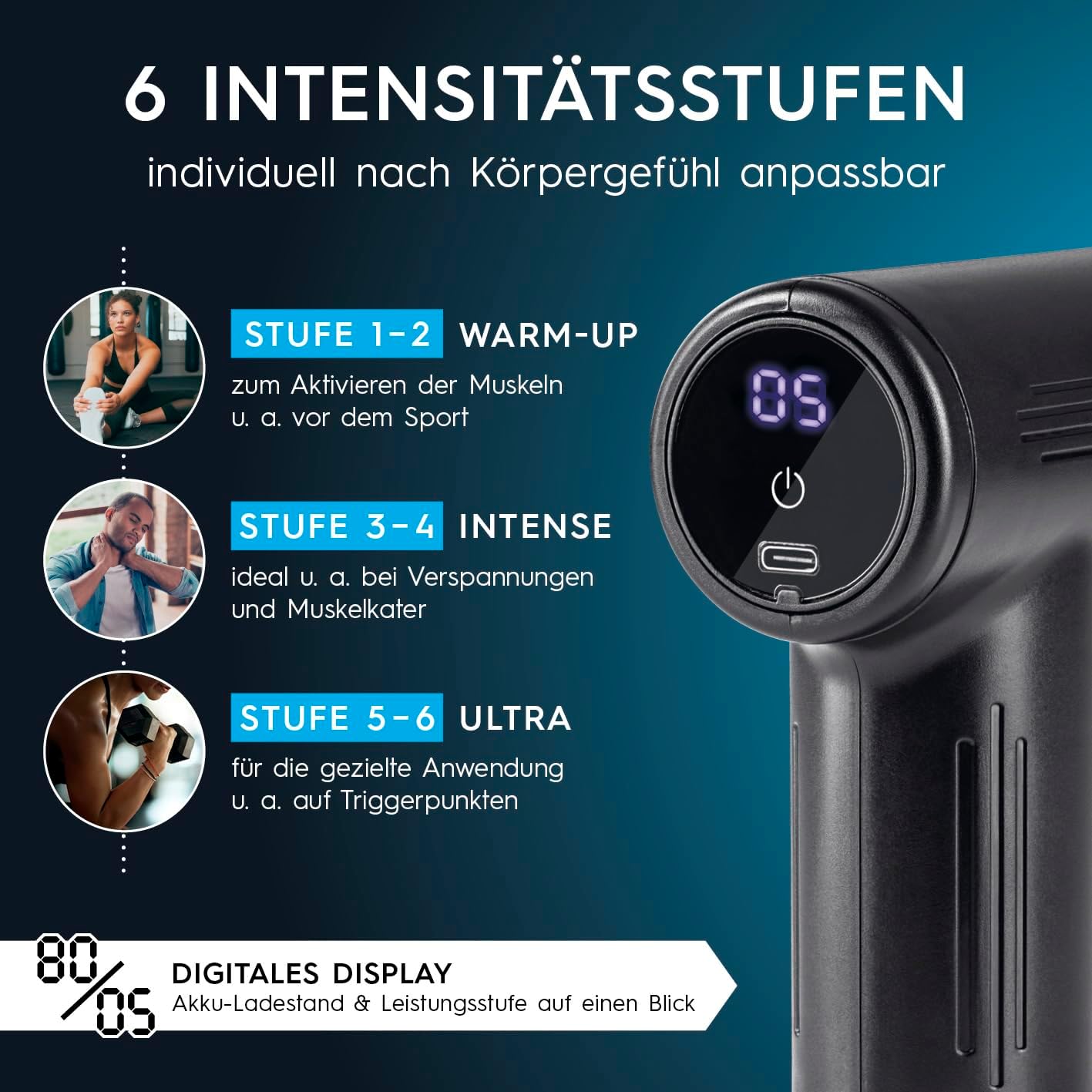 VITALmaxx Massagepistole mit 6 Stufen | Massagegerät mit 4 Aufsätzen | Batteriebetrieben bis zu 90 Minuten Laufzeit und wiederaufladbar über USB-C | Besonders leicht und handlich für Reisen und Sport (Schwarz/Silber) – Bild 3