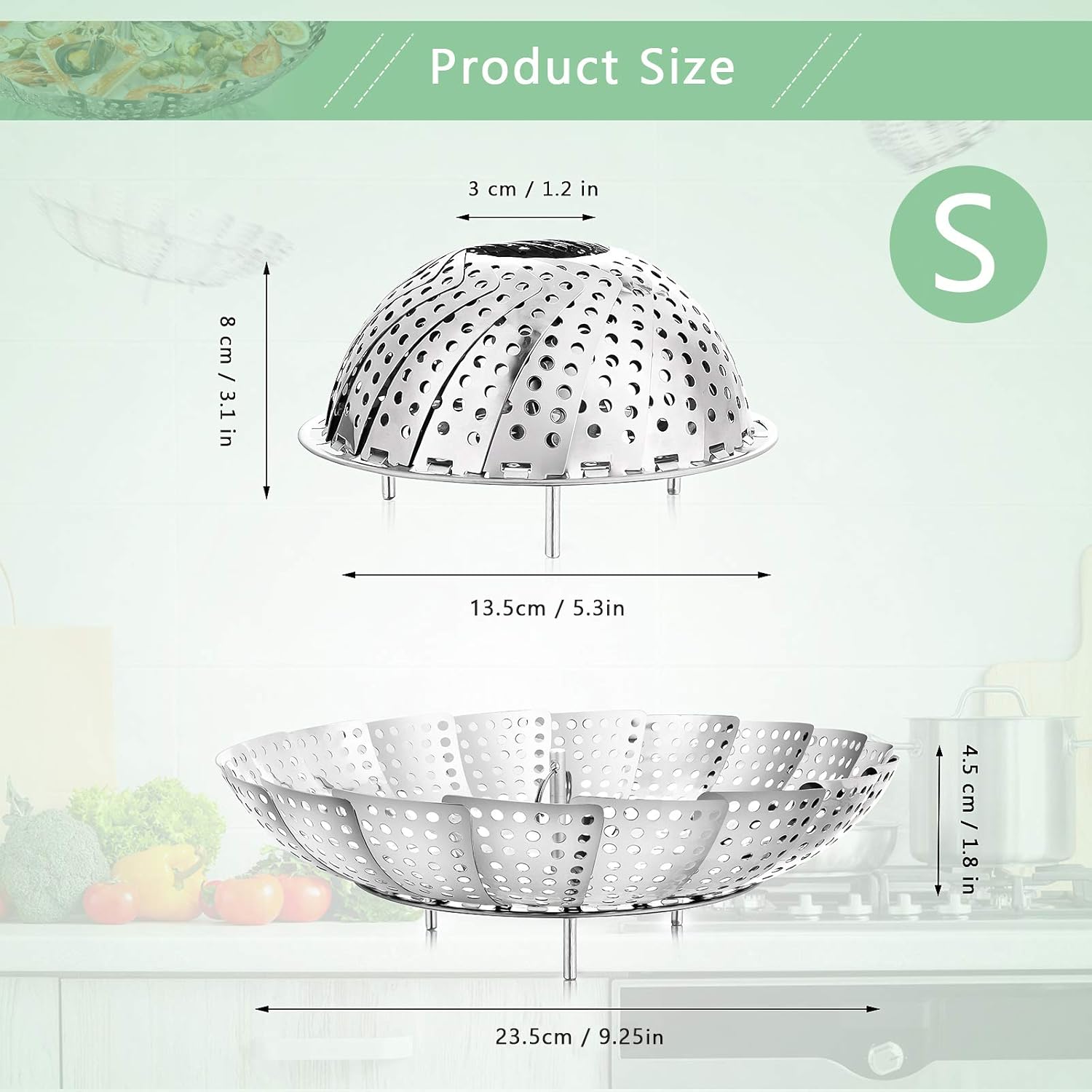 Buylorco Dampfgarer-Einsatz, Edelstahl, faltbarer Dampfgarer-Korb, Dampfgarer-Einsatz, Gemüsedämpfer für das Kochen von Meeresfrüchten und Gemüse (13 bis 23 cm) – Bild 6