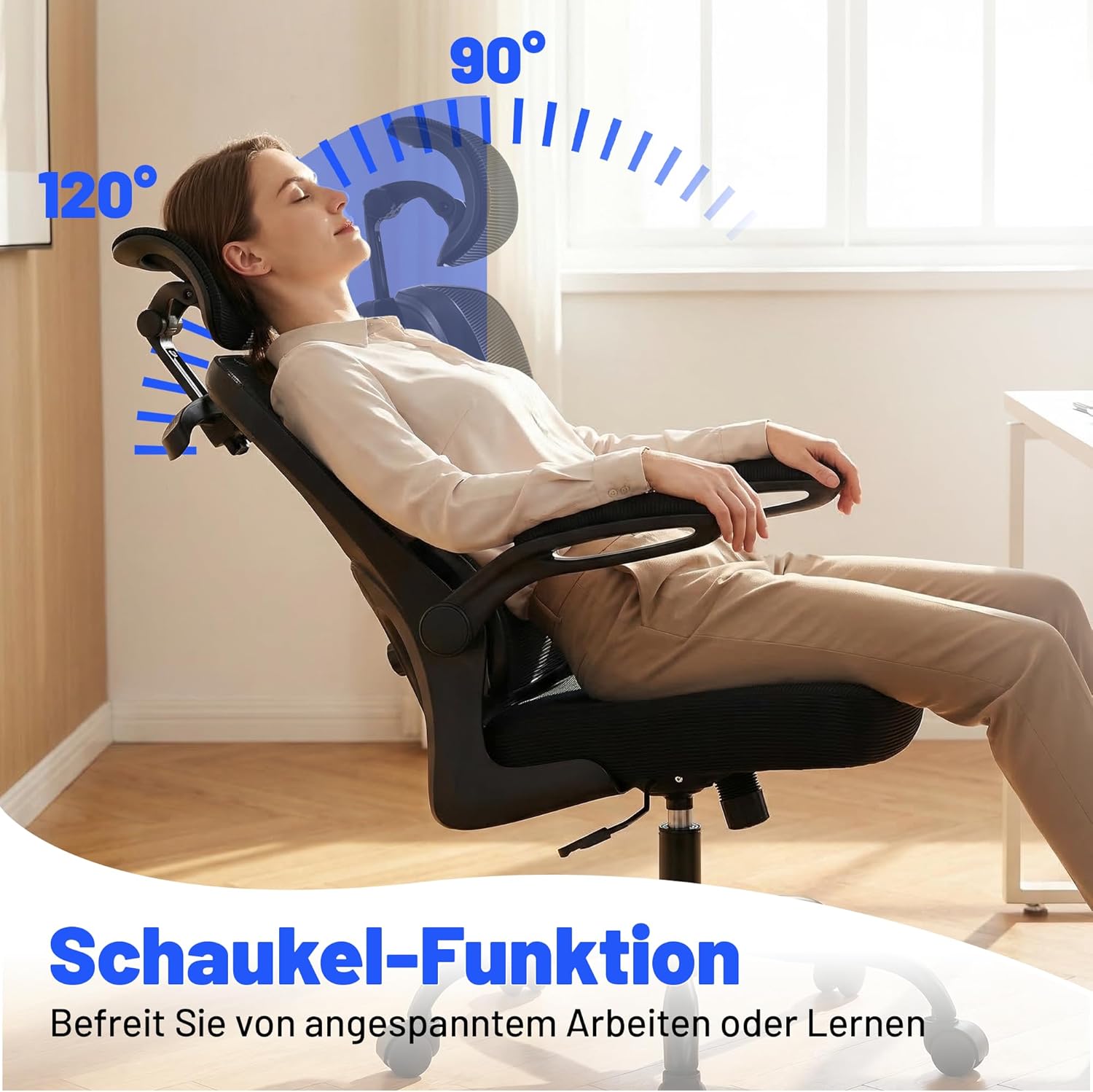 Ergonomischer Bürostuhl mit Kopfstütze, verstellbarer Lordosenstütze & Netzbezug, höhenverstellbarer Drehstuhl bis 150 kg, Computerstuhl ideal für Büro und Home Office, Schwarz – Bild 7