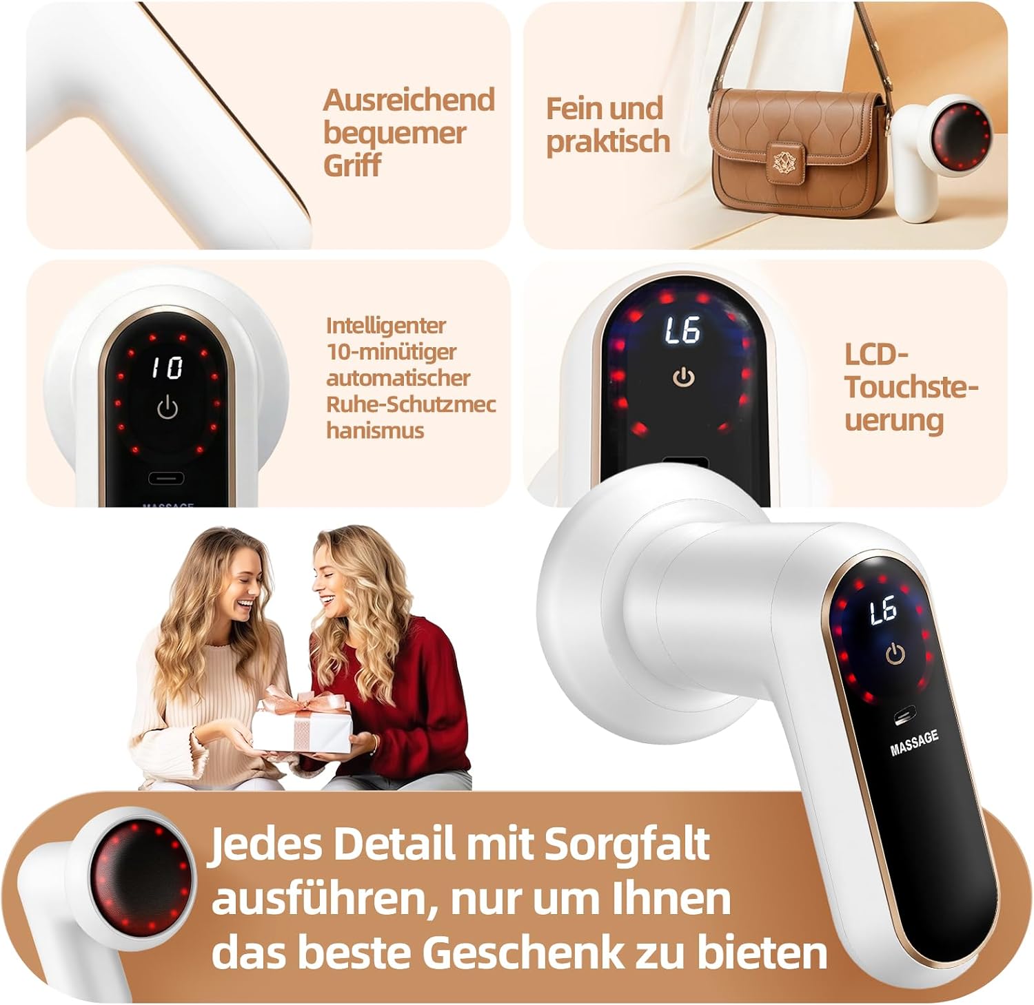 Anti-Cellulite-Massagegerät, elektrisches Lymphdrainagegerät, Handmassagegerät mit Heizung, 5 Massageköpfe, 6 Intensitätsstufen und 3 Modi für Hautstraffung, Durchblutung und Muskelentspannung – Bild 6