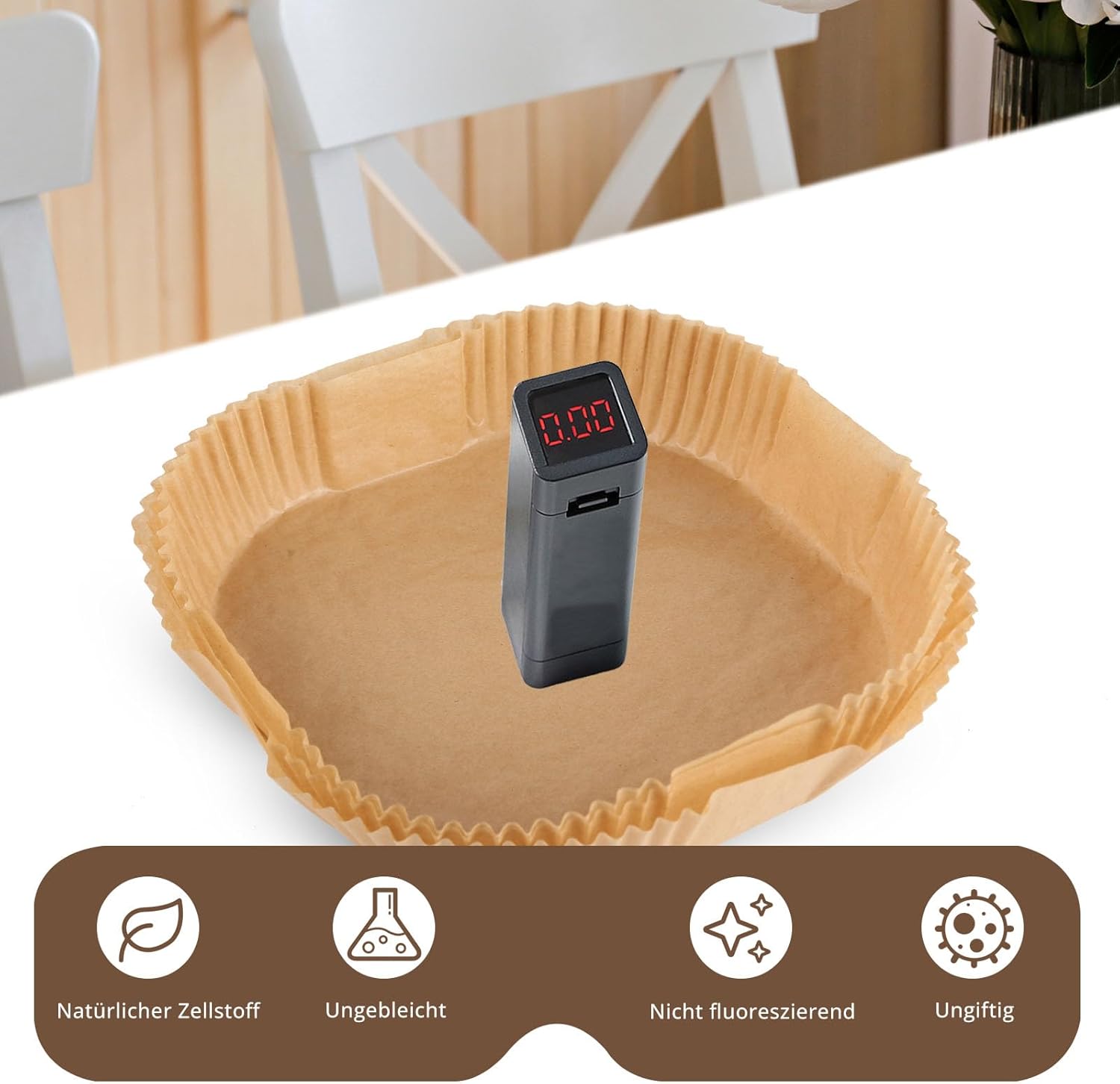 150 Stück Backpapier für Heißluftfritteuse XL XXL, 4,3 l – 7,9 l, Airfryer, Einwegpapier, 20–24 cm, Pergamentpapier-Einlage, Zubehör, kompatibel mit Philips Russell Hobbs Ninja Cosori Airfryer – Bild 4