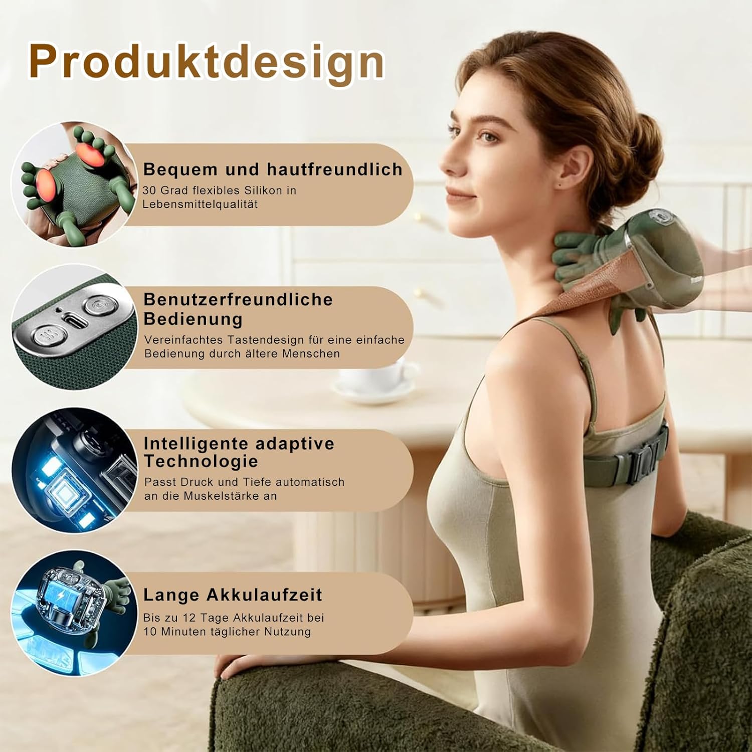 Massagegerät, 4D Bionic Hand-Nackenmassagegerät, elektrisches Shiatsu-Massagegerät mit Wärme, 3 Modi und 2 Wärmeeinstellungen, Tiefenmassage für Nacken und Schultern, lindert Muskelverspannungen und Müdigkeit – Bild 4