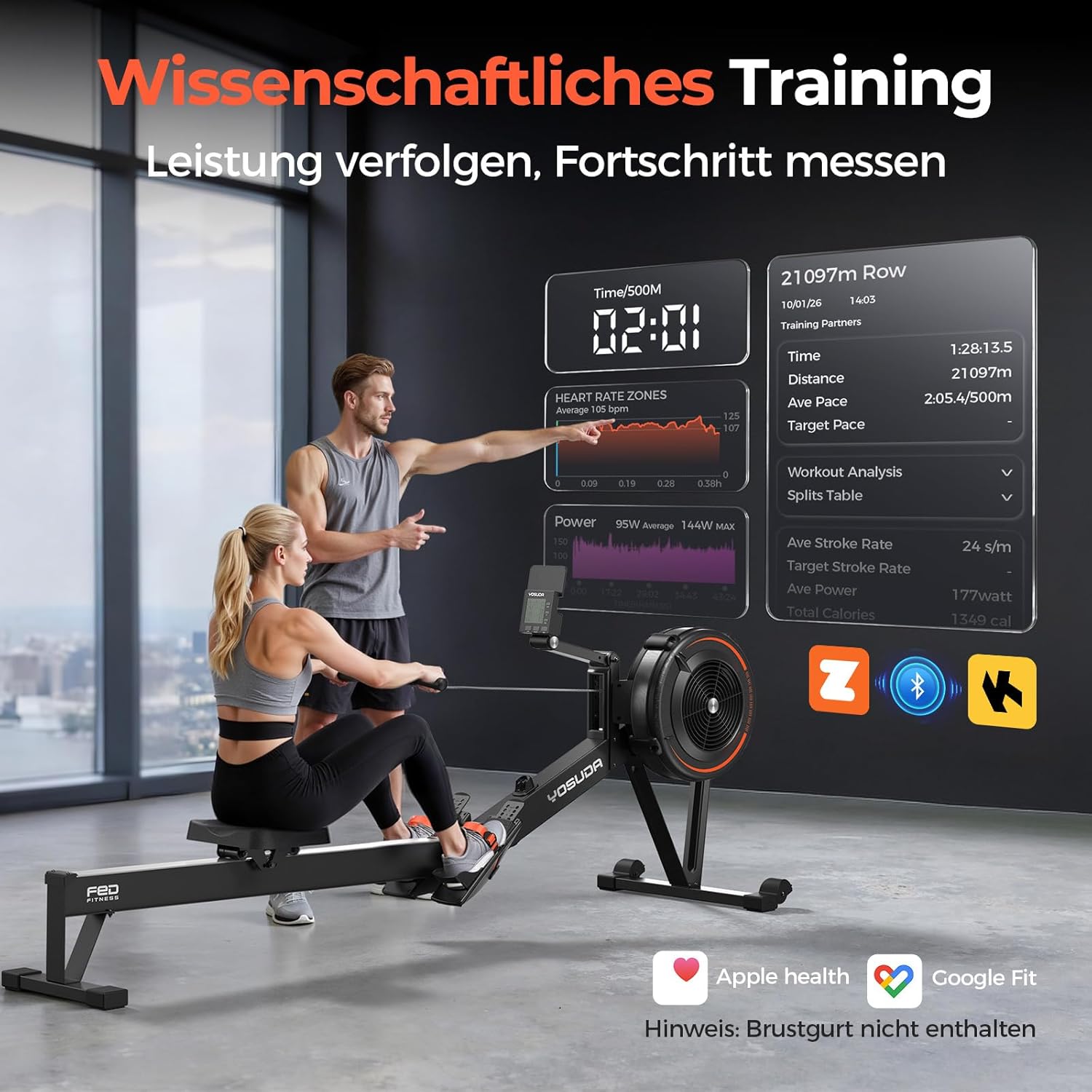 YOSUDA R2 Luft-Rudergerät für zu Hause, faltbar, selbstbetriebenes Display, 10 Widerstandsstufen, lange Schiene, 4-Wege-Display, Bluetooth und App, für große Benutzer, Luftwiderstand, Rudergerät – Bild 6