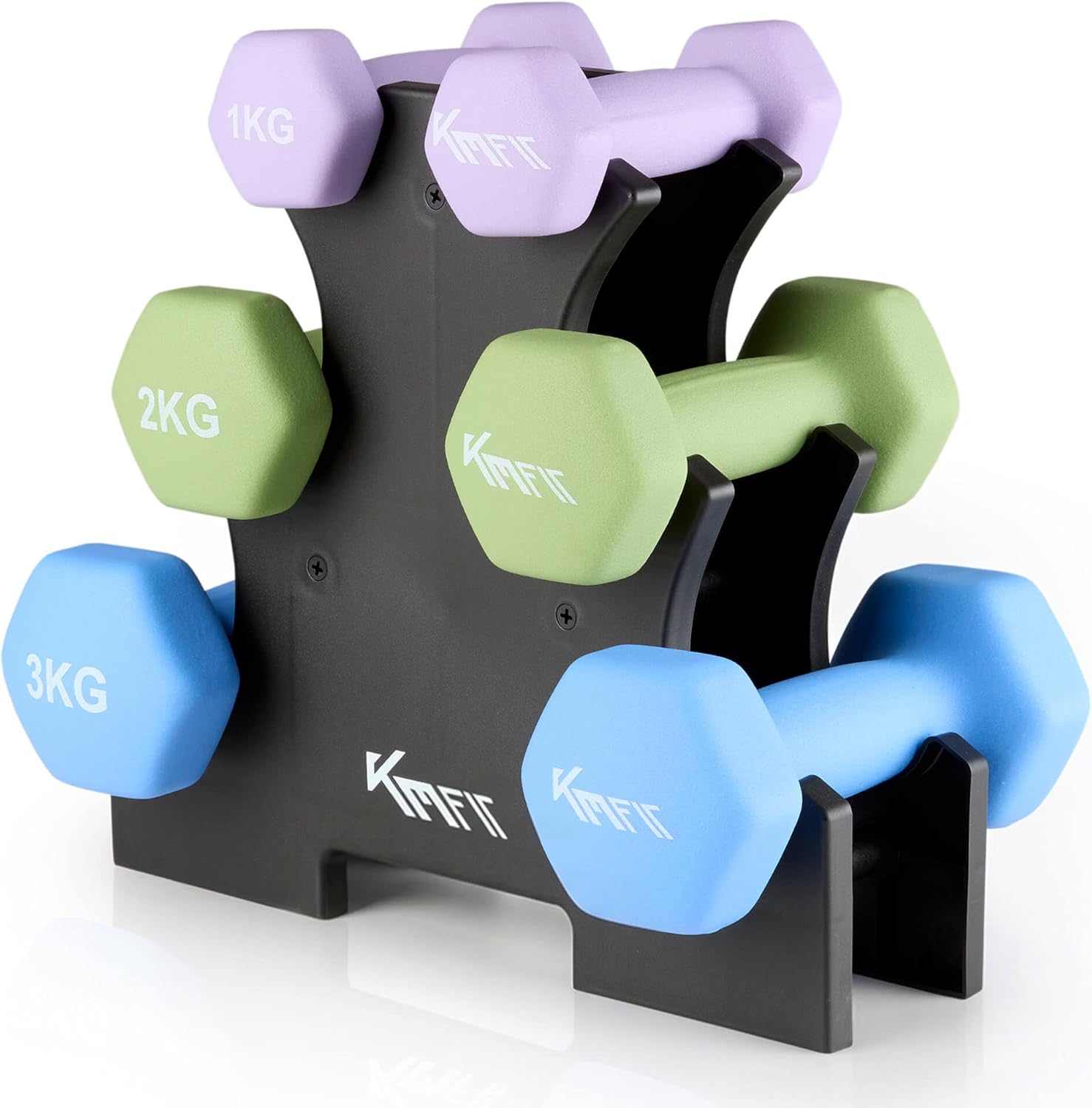KM-Fit Hantel-Set 12 kg mit Ständer, Neopren-Hanteln 1-3 kg, Gusseisen, ergonomischer Griff, rollsicher, Fitness- und Krafttraining für das Heim-Fitnessstudio