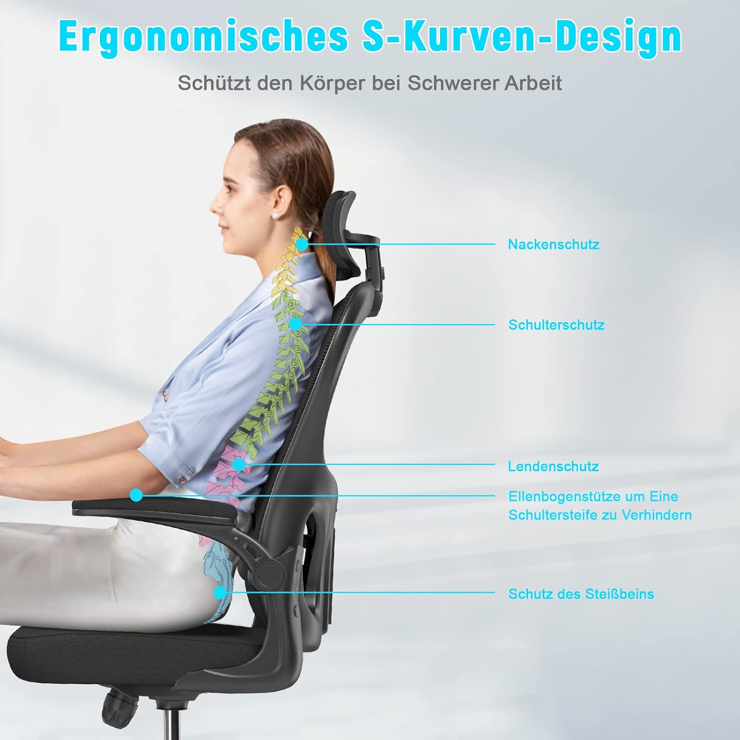 naspaluro Ergonomischer Bürostuhl mit atmungsaktivem Netzbezug, Schreibtischstuhl mit verstellbaren Armlehnen, Kopfstütze, Lordosenstütze, Rückenlehne, Höhenverstellung, 360°-Drehstuhl, Dunkelschwarz – Bild 3