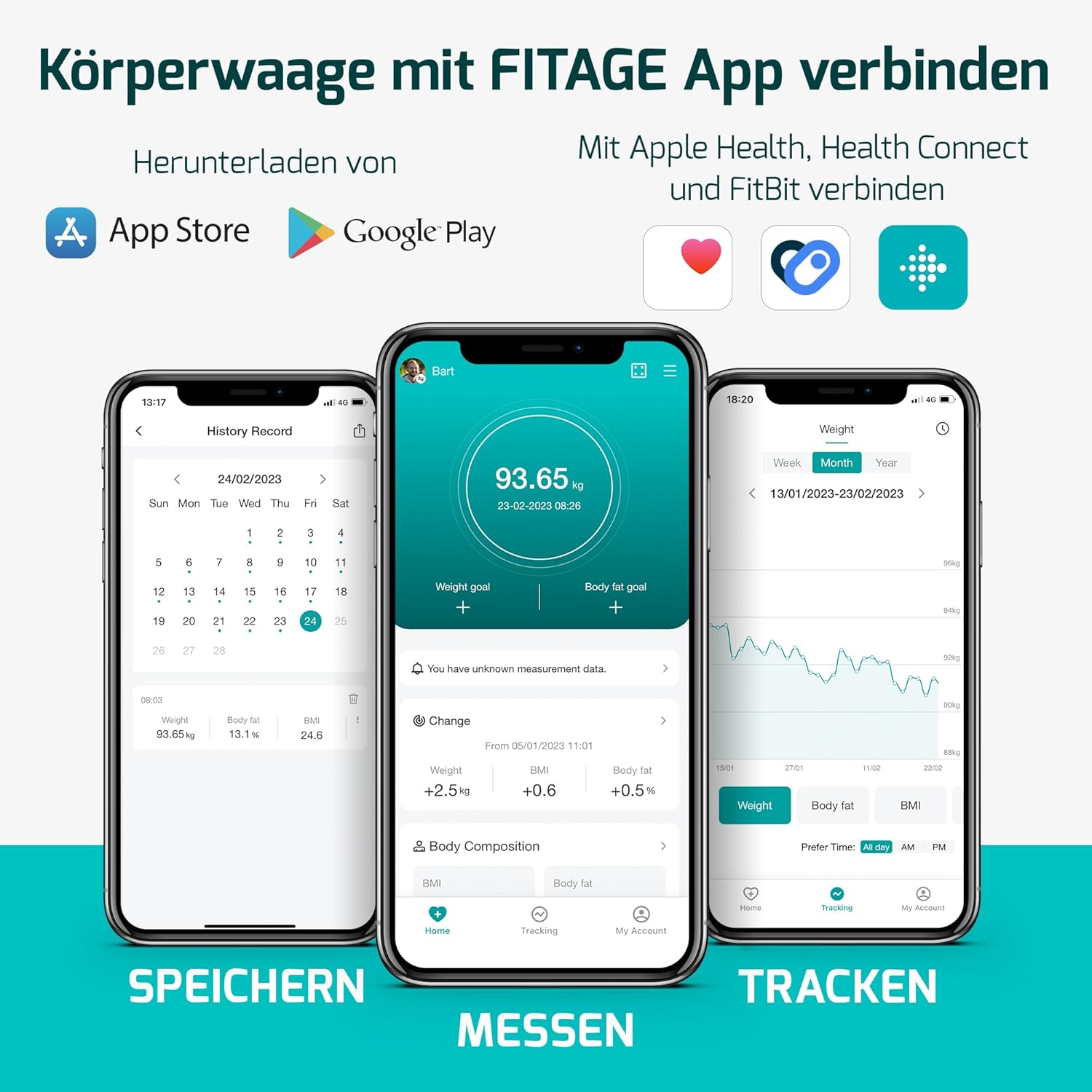 FITAGE Digitale Körperanalysewaage mit Bluetooth, bis 225 kg, Körperfettwaage mit 17 Messungen, Körperanalyse mit App, Körperfett, Muskelmasse, mit Handsensoren – Bild 5