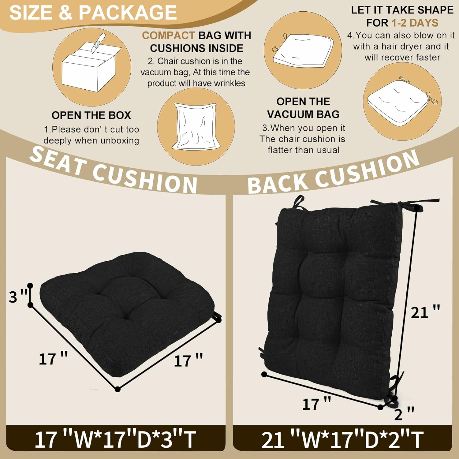 BUYUE Stuhlkissen-Set für Schaukelstuhl, Rückenkissen und Sitzkissen mit Bändern, original gewebte, rutschfeste Stuhlpolster für ältere Menschen, Schwarz – Bild 2