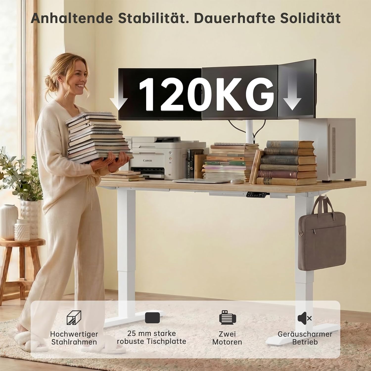 Devoko Höhenverstellbarer Schreibtisch mit 2 Motoren, 25 mm einteilige Tischplatte, 140 x 70 cm, mobiler elektrischer Computertisch mit Kabelmanagement, Eiche, perfekte Ergonomie für Ihr Büro – Bild 4