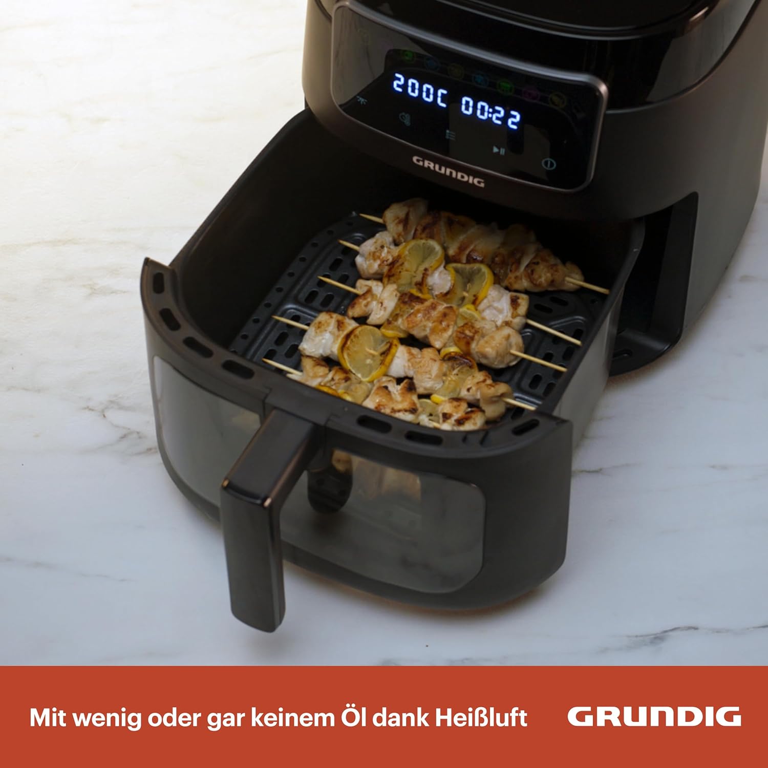 Grundig FRY 7320 Heißluftfritteuse, 7,6 l Fassungsvermögen, 1750 W, Touch-Display, großes Sichtfenster, Temperatur- und Zeiteinstellung, Antihaftbeschichtung, spülmaschinenfester Korb, Schwarz – Bild 4