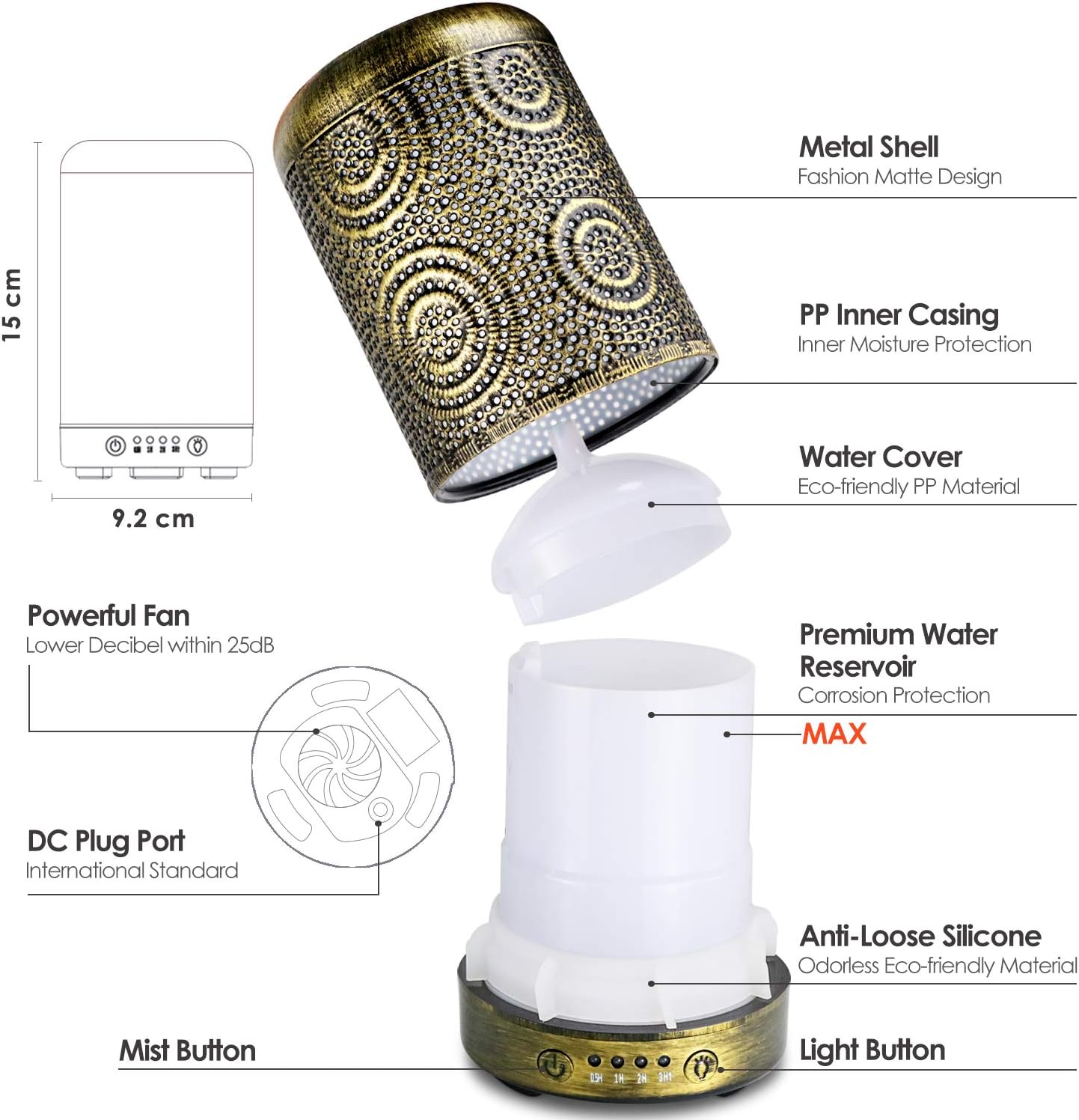 Salking Aroma-Diffusor-Luftbefeuchter, handgefertigter Metall-Diffusor für ätherische Öle, automatische Abschaltung, 7-Farben-Licht, Vintage-Aromatherapie für Baby, Heimbüro oder Yoga – Bild 4