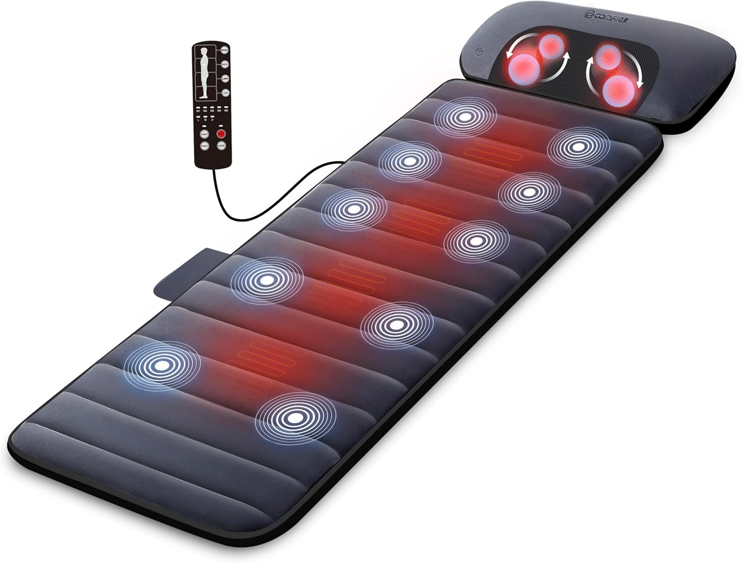COMFIER Massagematte Ganzkörpermassage mit Wärmefunktion, Massagesitzkissen mit verstellbarem Shiatsu-Nackenkissen, 10 Vibrationsmotoren zur gezielten Linderung von Muskelverspannungen