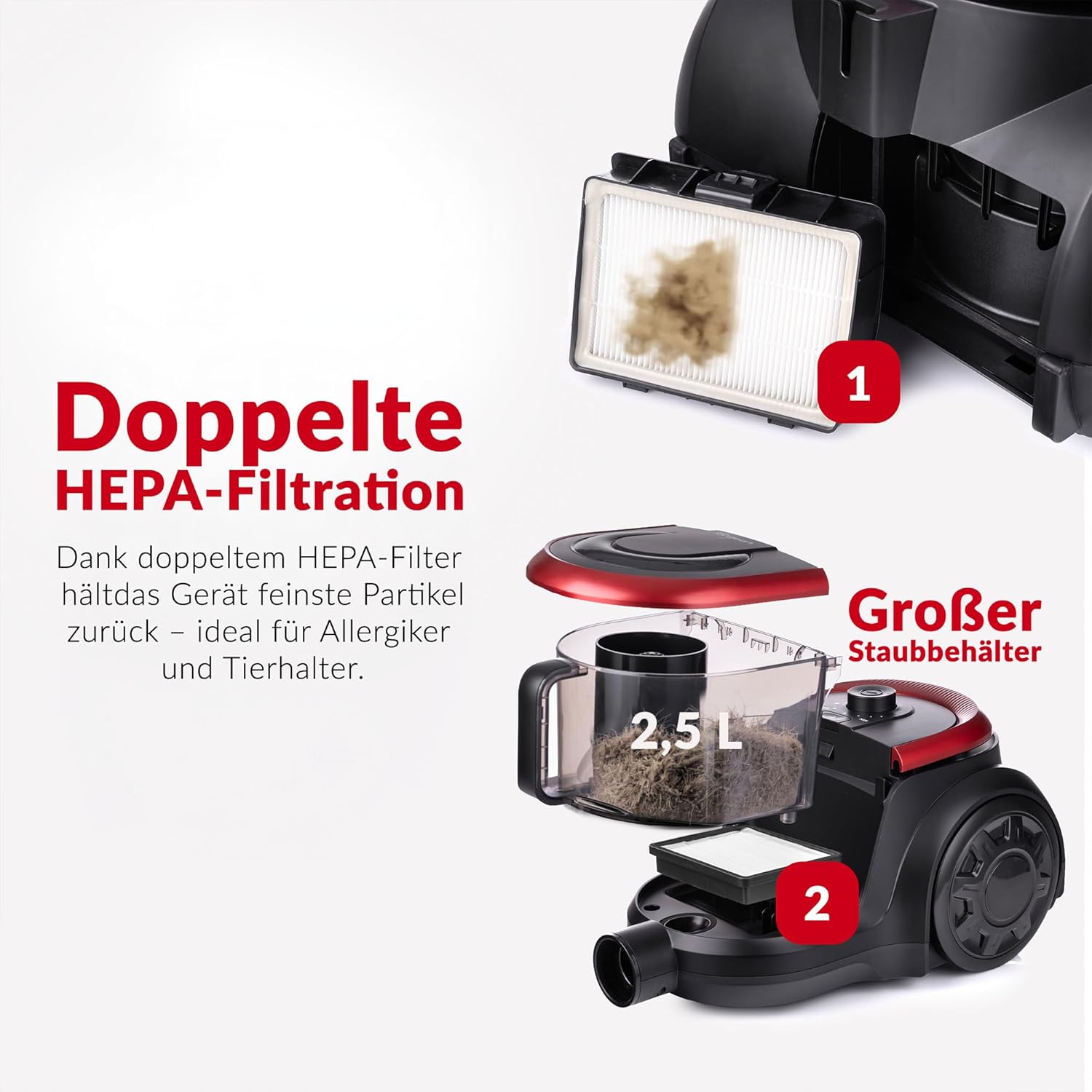LEHMANN Cyclone Beutelloser Staubsauger, leistungsstark, doppelter HEPA-Filter für Allergiker, 2,5 L Staubbehälter, kompakt, Bodenstaubsauger für Teppich & Hartböden, inklusive Aufsatzset, schwarz/rot – Bild 5