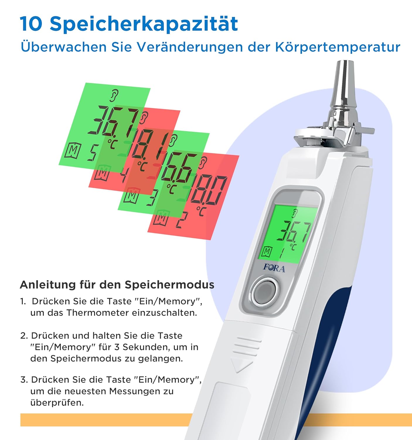 FORA IR20C Infrarot-Ohrthermometer in medizinischer Qualität mit 16 Einweg-Schutzkappen, kleiner Eisenkopf, langlebig, leicht zu reinigen – Bild 6