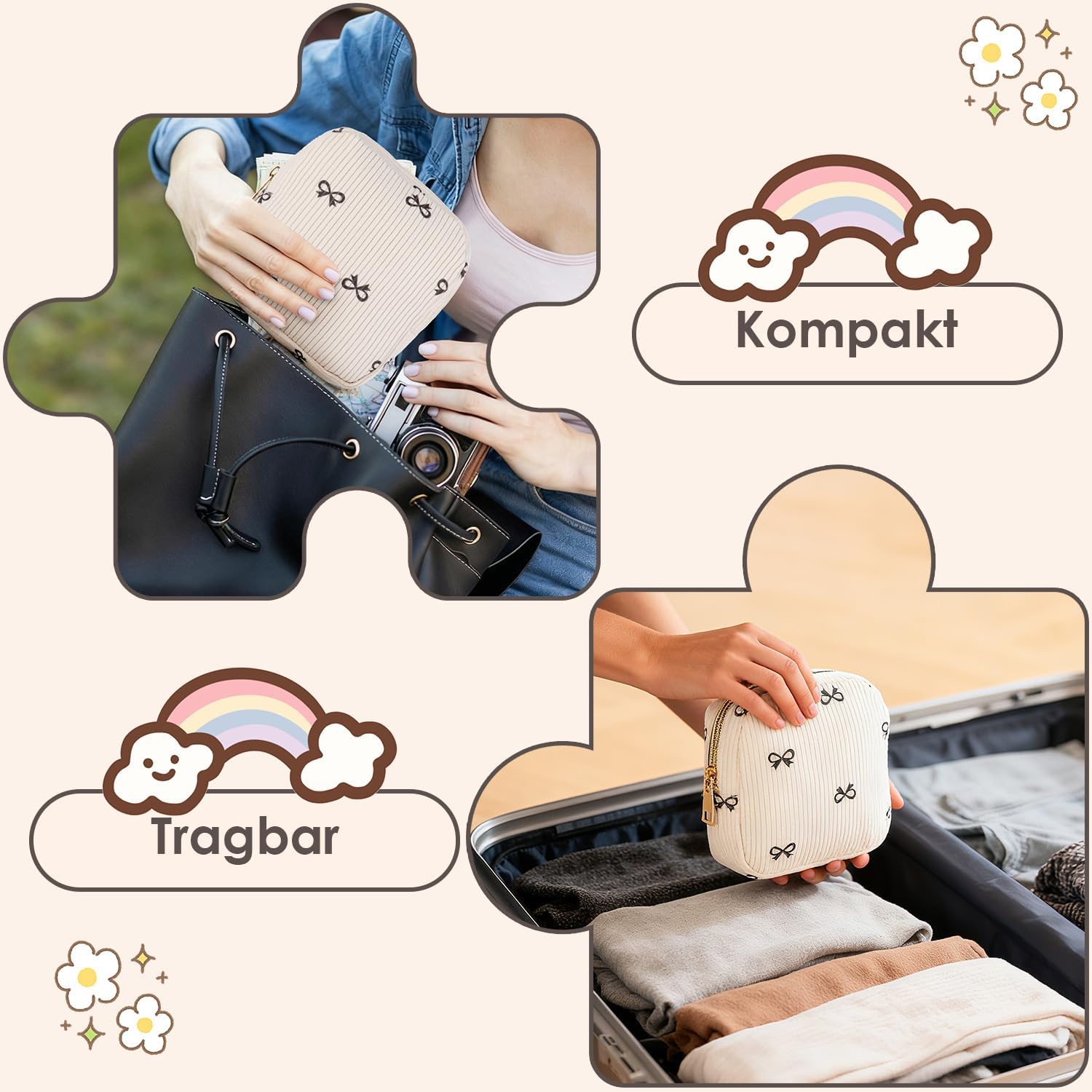 Aufbewahrungstasche für Damenbinden, Hygienetasche für Damenbinden, Cord-Tampon-Aufbewahrung, Kosmetiktasche klein für Damenbinden und Tampons, Reiseutensilien, tragbare Make-up-Tasche für Frauen und Mädchen (Schleife) – Bild 3