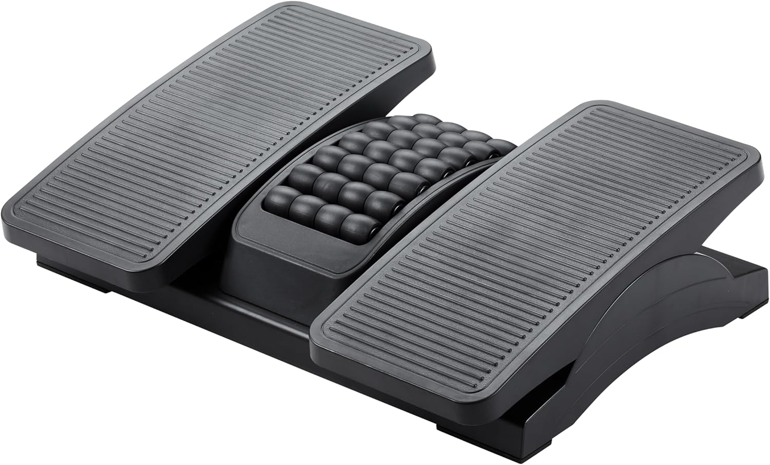 Q-Connect Premium-Fußstütze aus Kunststoff, rutschfeste Beschichtung, höhenverstellbare ergonomische Fußstütze mit Massagestruktur und Rolle, Fußstützen, schwarz