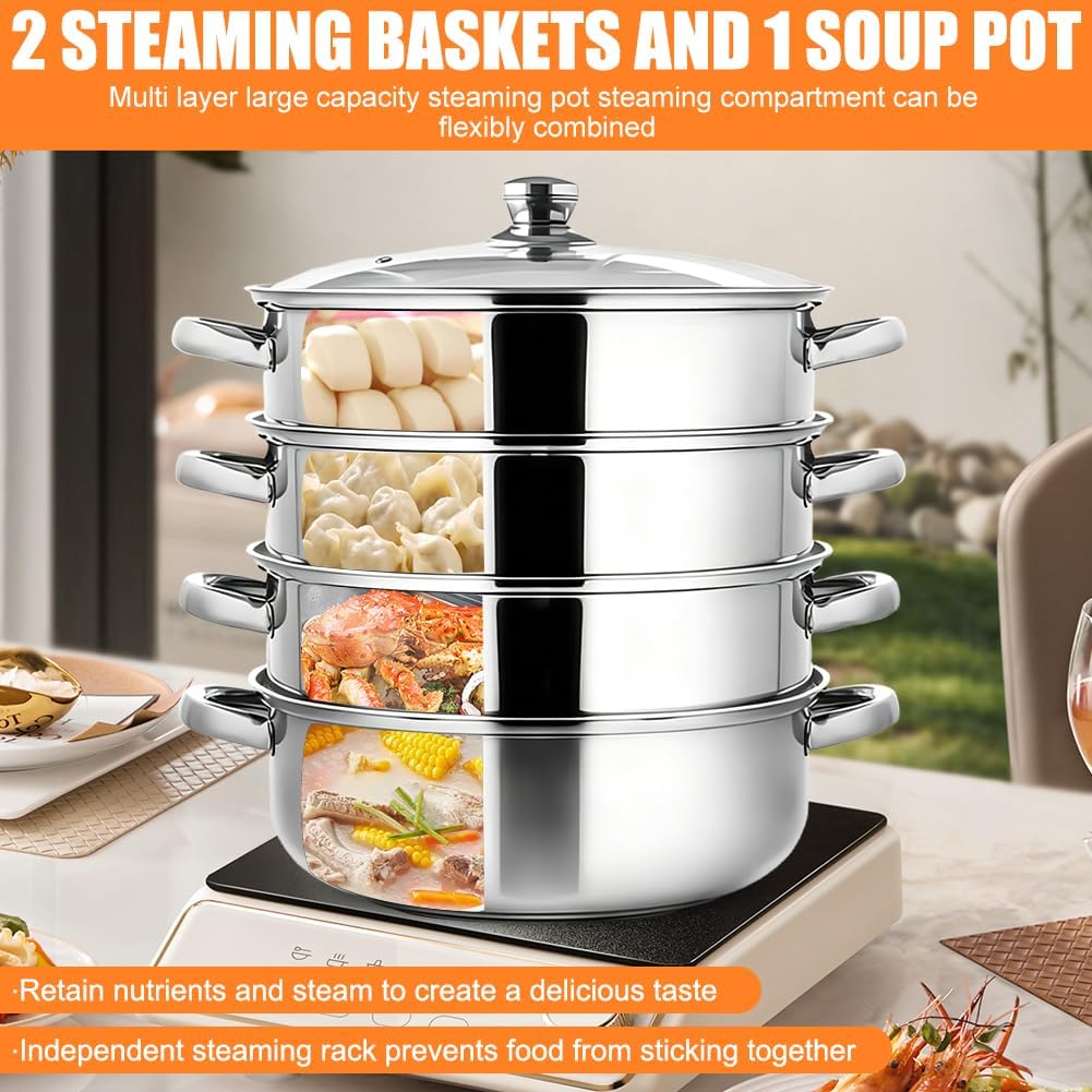 28 cm Dampfgarer, Edelstahl Dampfgarer mit Glasabdeckung, 3-stufiges Dampfgarers-Topfset, Ampfkocher Schongarer Induktion Dampfkochtopf, zum Garen von Gemüse, Meeresfrüchten, Suppen, Eintöpfen (4 Ebenen) – Bild 5