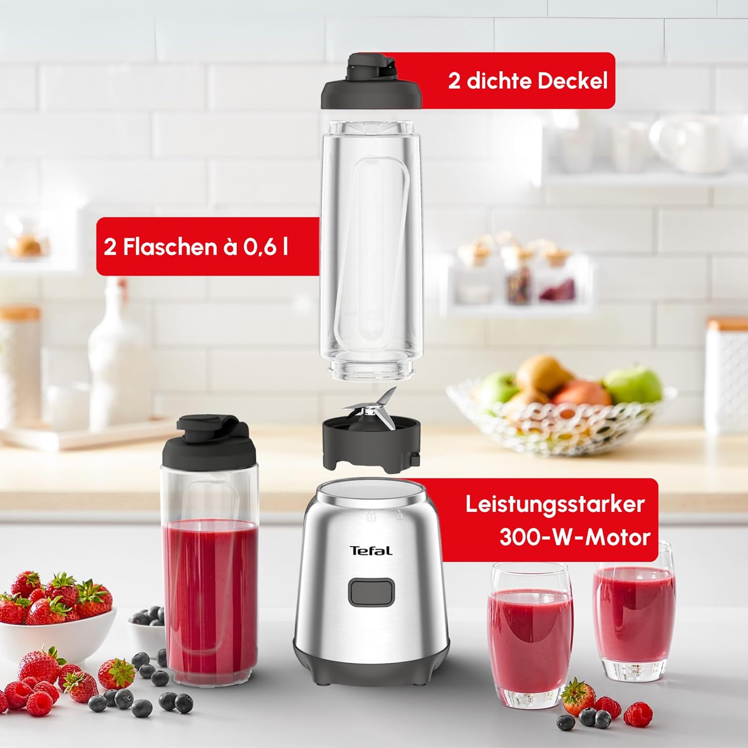 Tefal Mix and Move BL15FD Mini-Standmixer, 300 Watt, 2 Flaschen To-Go aus Premium-Tritan, kompaktes Design, leicht zu reinigen, abnehmbare Klingen, Ein-Knopf-Bedienung, Silber/Grau – Bild 6