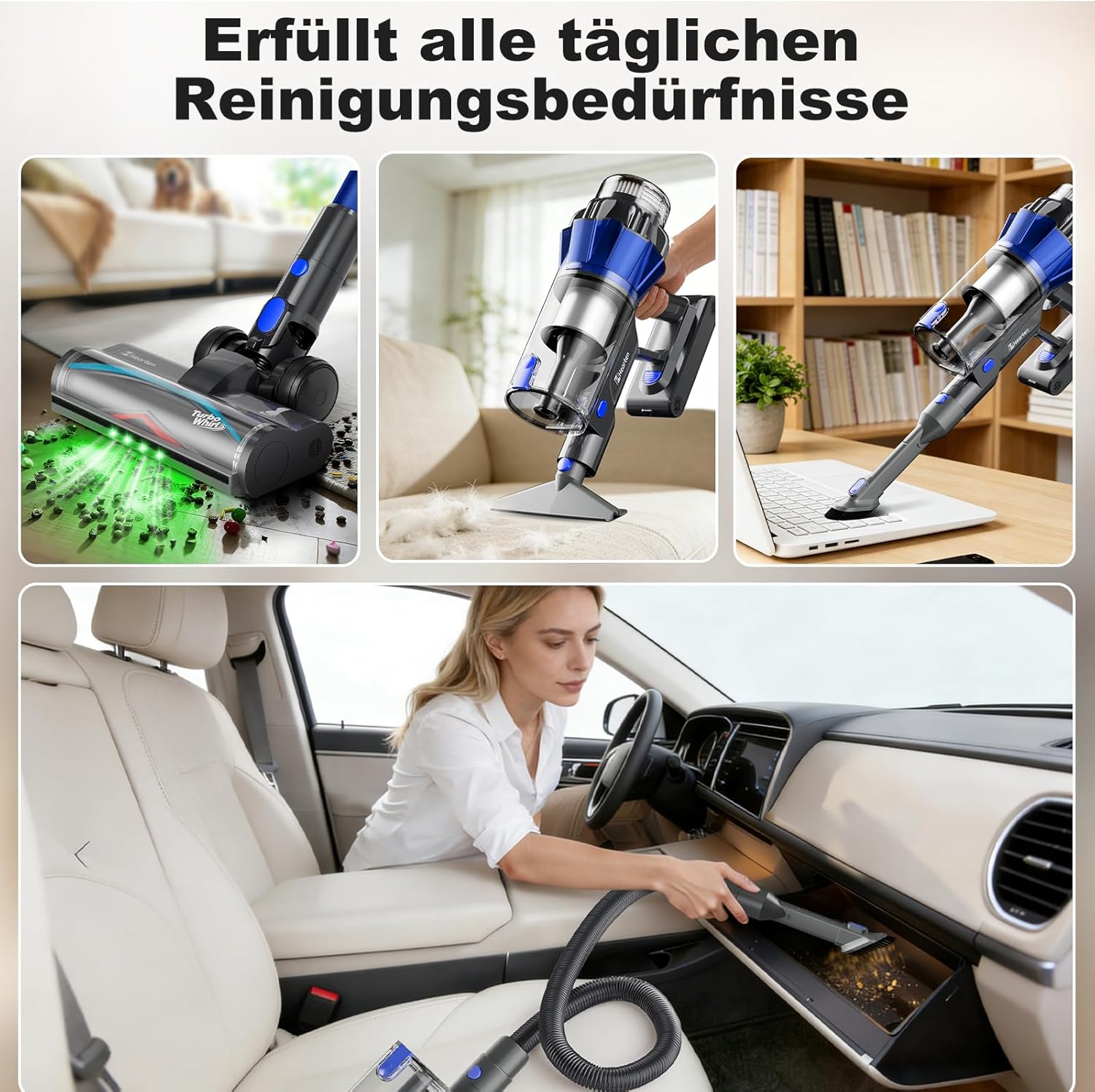 Hearten Akku-Staubsauger, 70.000 Pa/600 W/65 Min., 4 Stufen, Schmutzsensor, 1,8 l, kabelloser Staubsauger mit Farbdisplay, Anti-Haarbürste, 8-Stufen-Filter, Schlauch für Tierhaare/Teppiche/Hartböden/Auto – Bild 2