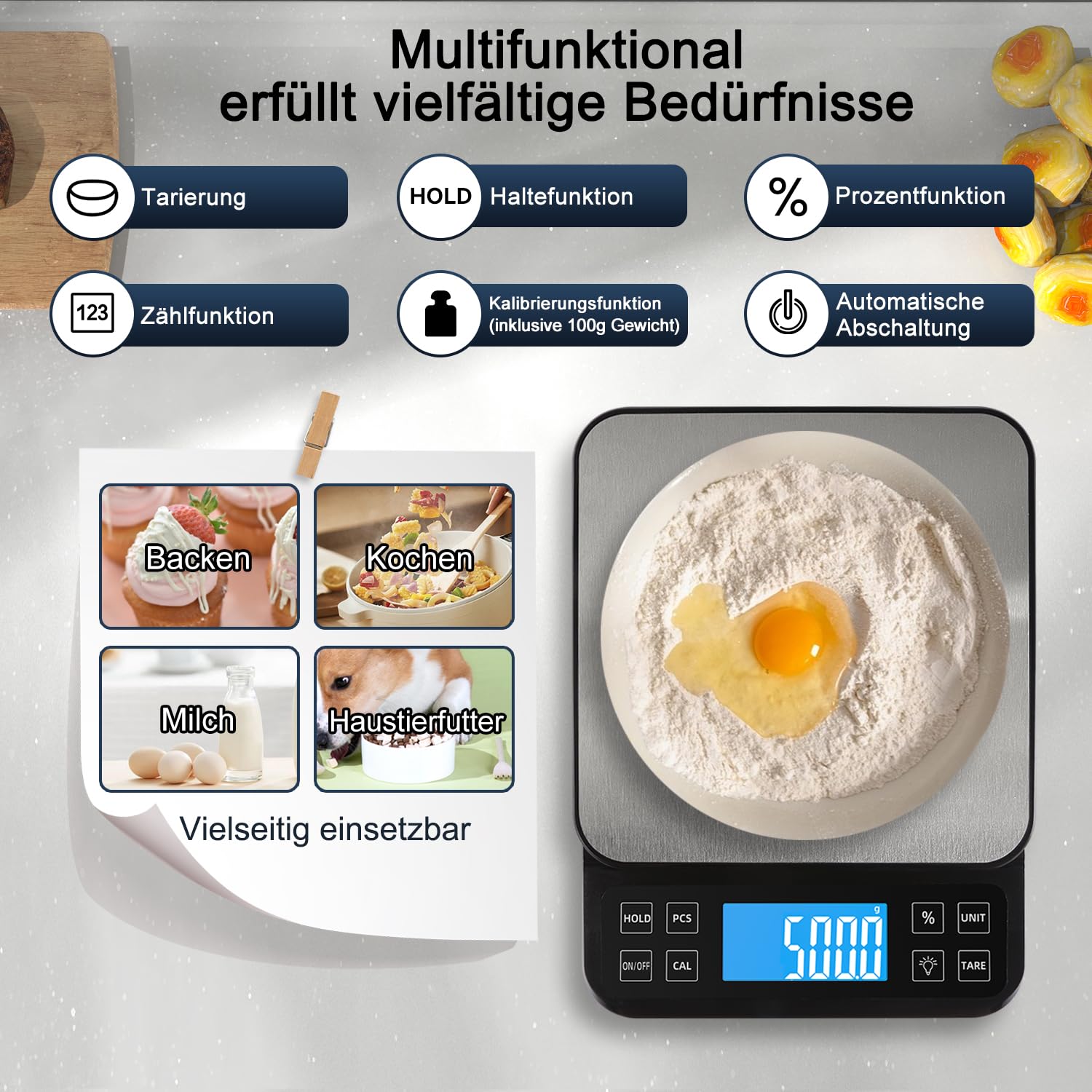 BOMATA 0,1 g/5 kg große digitale Küchenwaage, hochpräzise Bäckereiwaage mit %-Prozentfunktion, wiederaufladbar über USB, Wiegeplatte aus Edelstahl – Bild 7
