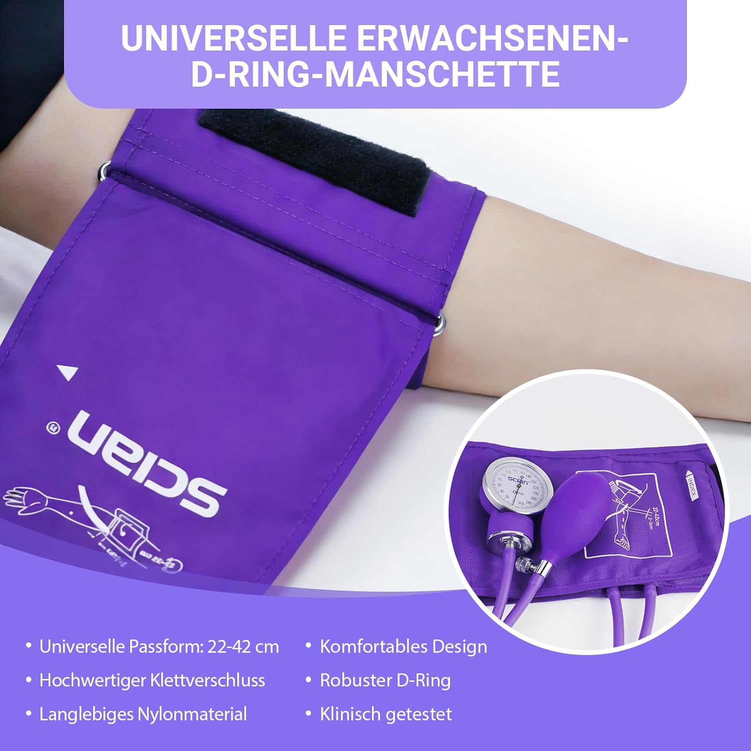 SCIAN Blutdruckmessgerät, manuell, mit europäischer Blutdruckmanschette (22–42 cm) und D-Ring + Tragetasche für Krankenschwestern, Ärzte, Senioren, Erwachsene, Lila – Bild 2