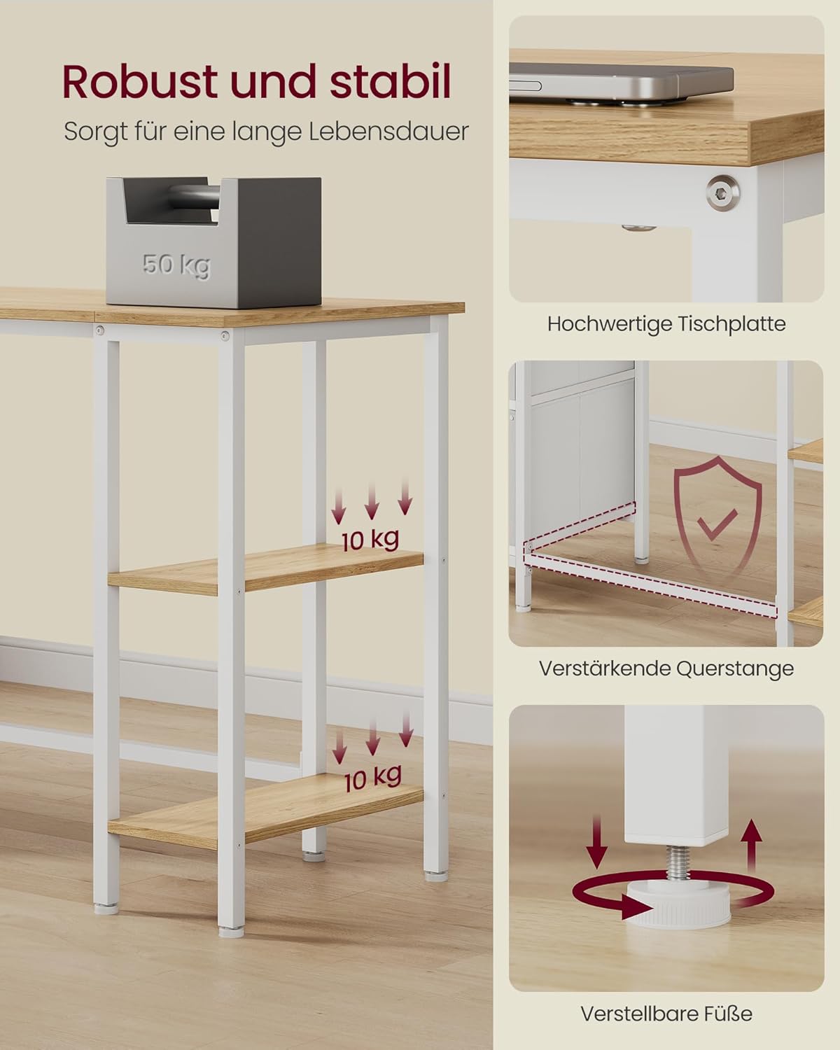 VASAGLE Computertisch, Bürotisch, Schreibtisch mit 3 Ablagen, 2 Schubladen, 127 x 50 x 76 cm, Büro, Wohnzimmer, moderner Stil, natürliche Eiche, mattweiß, LWD103YD01 – Bild 6