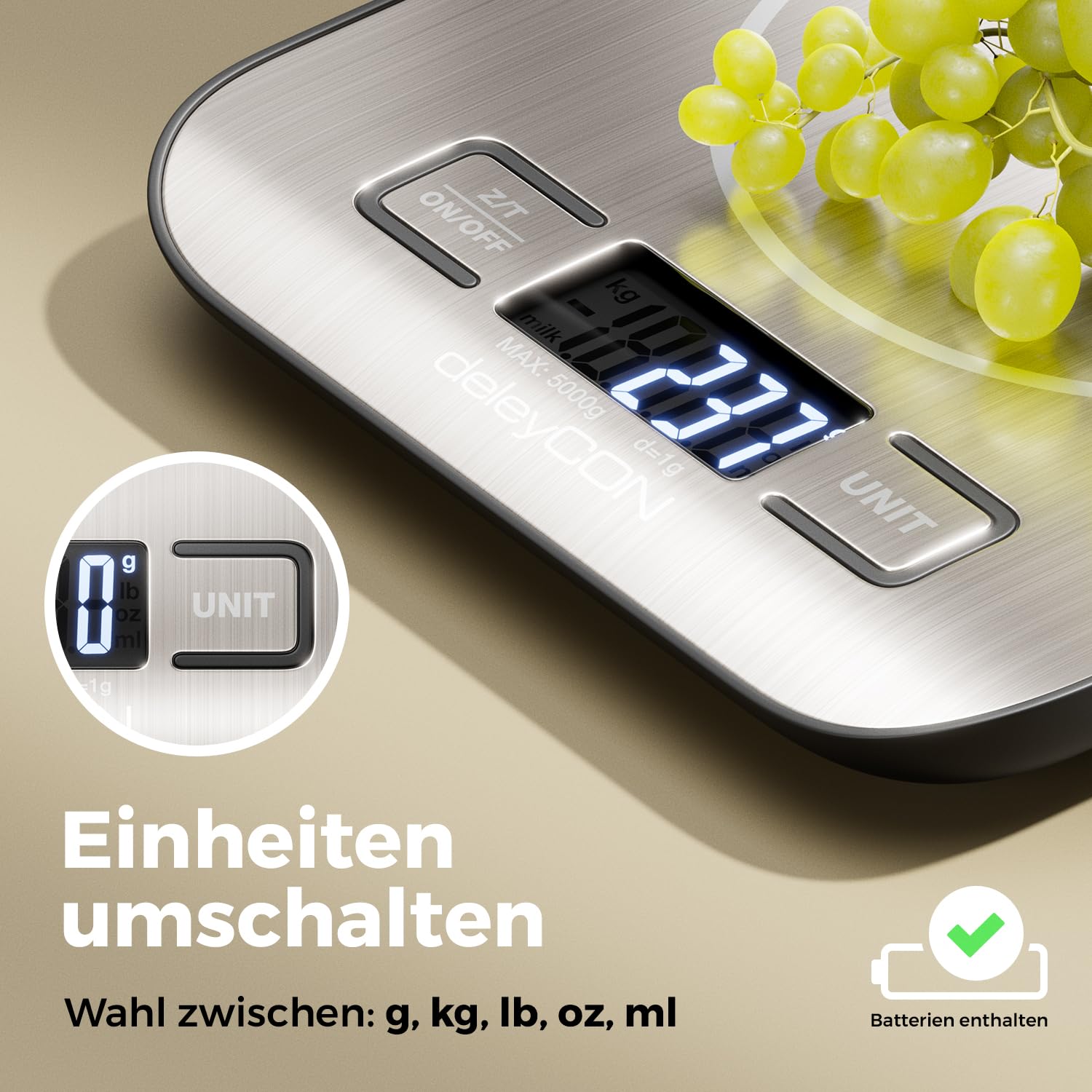 deleyCON Digitale Küchenwaage, LCD-Display, Tarafunktion (mit Batterien) bis 5 kg, Digitalwaage, Buchstabenwaage, genau auf 1 g, Backen, Kochen, Messen von Zutaten, Diät, Fitness, Schmuck, klein und flach, Silber – Bild 2