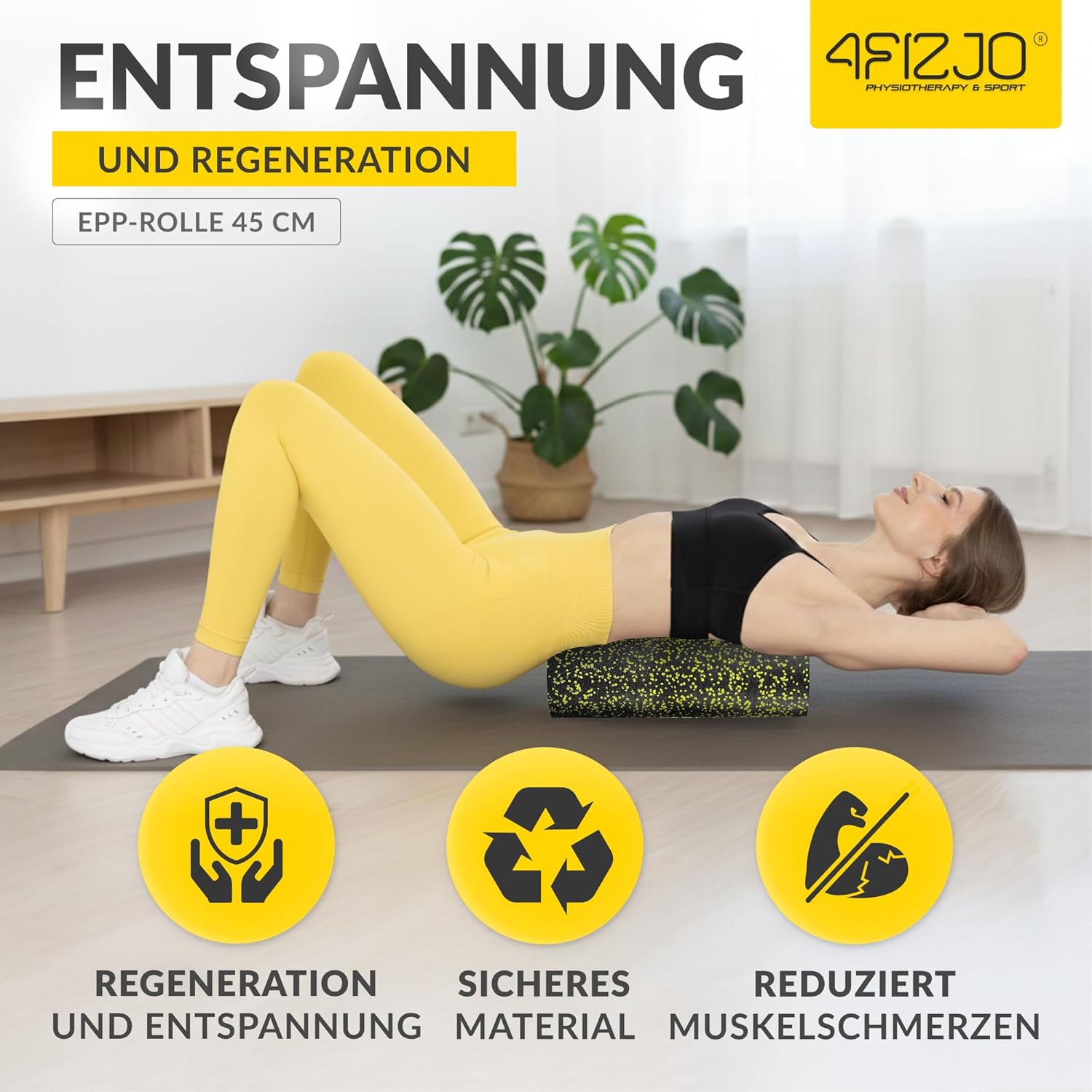 4FIZJO Faszienrolle Schaumstoff, Durchmesser 14,5 cm, Länge 45 cm, Massagerolle, Rückenrolle, Fitnessrolle, leicht, hart, Schaumstoffrolle, Faszientraining, Massagetraining, Schwarz/Gelb – Bild 2