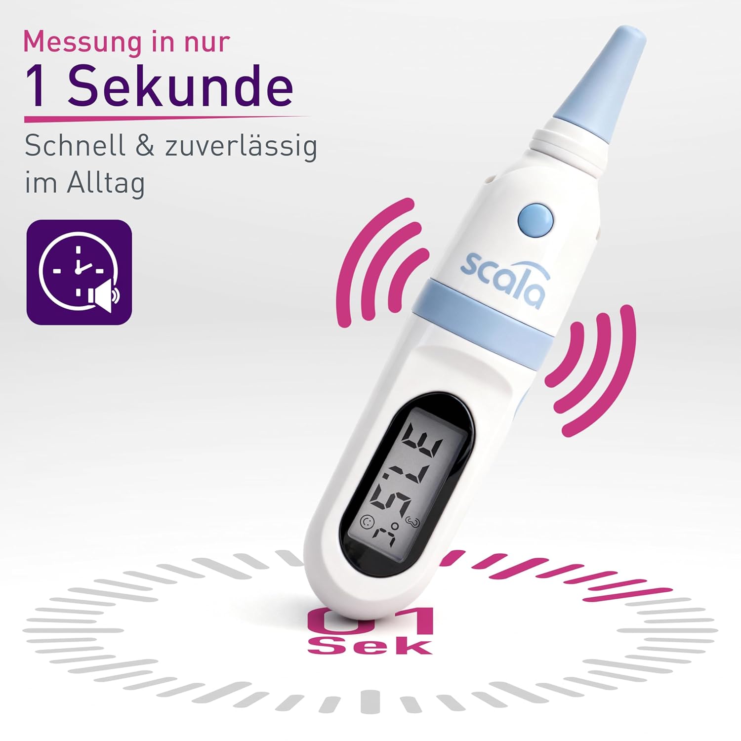 scala SC 8178 Infrarot-Ohrthermometer – Digitales Fieberthermometer für Kinder & Erwachsene – 1 Sekunde Messzeit, akustischer Fieberalarm & Speicher für 9 Messwerte – Bild 3