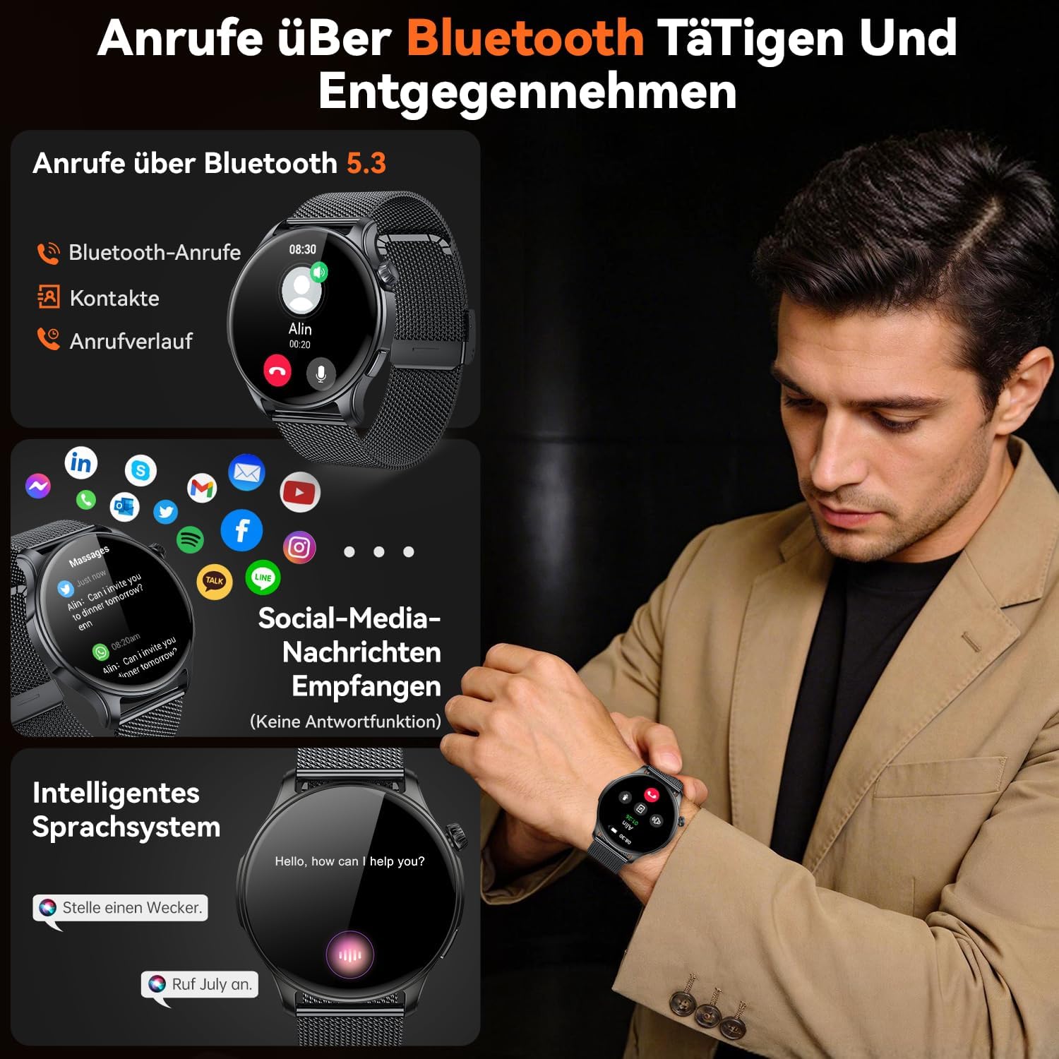Smartwatch Herren Damen Fitnessuhr mit Telefonfunktion: Bluetooth Anrufuhr Wasserdicht Fitness Tracker Smartwatch mit Herzfrequenz Schlafmonitor Schrittzähler Sportuhr Uhren Android iOS – Bild 2